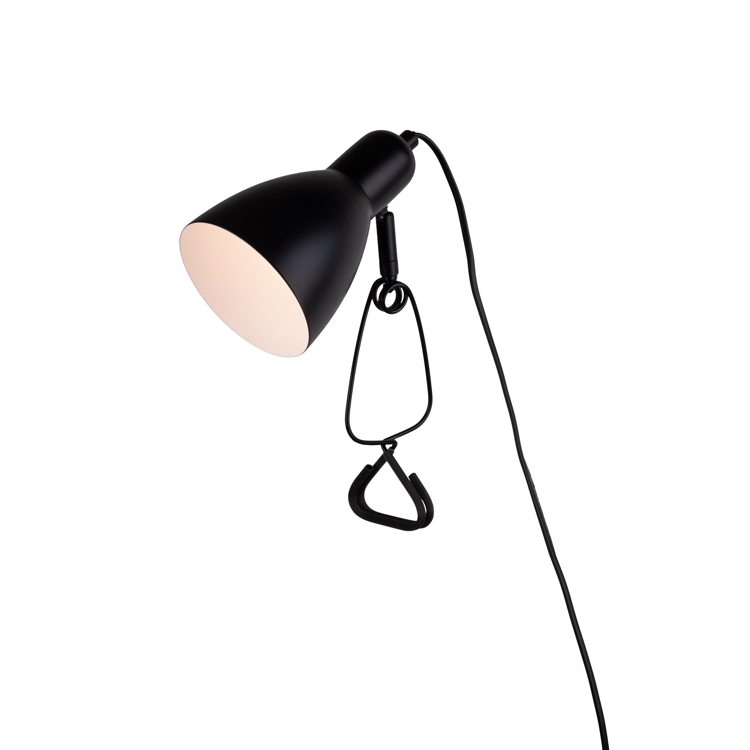 Schwarze Schreibtischlampe. Flexibler Arm. Weißer Innenschirm. Weißer Hintergrund.