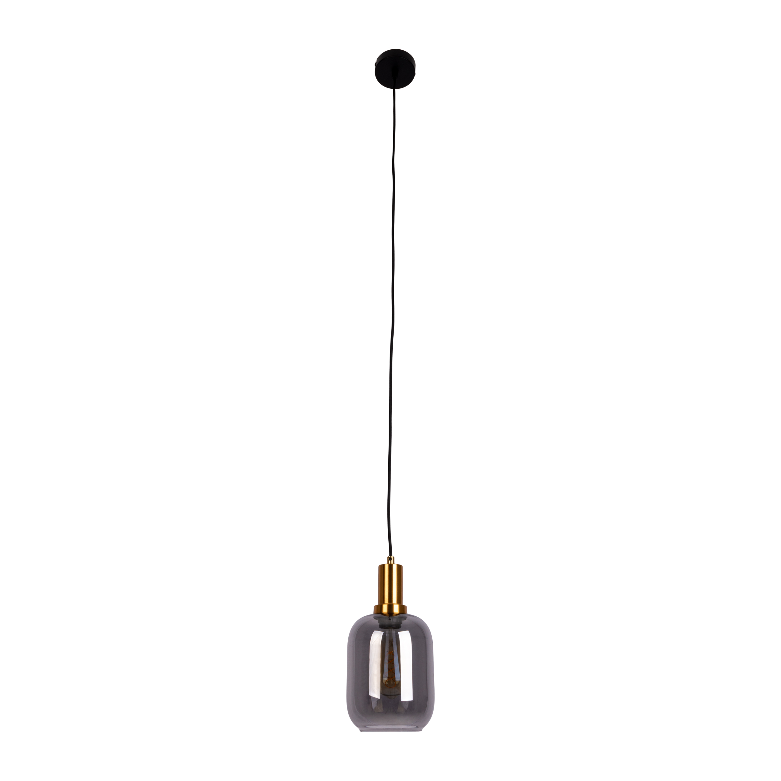 Eine Pendelleuchte mit grauem Glasschirm und goldfarbenem Sockel, hängend an einem schwarzen Kabel.