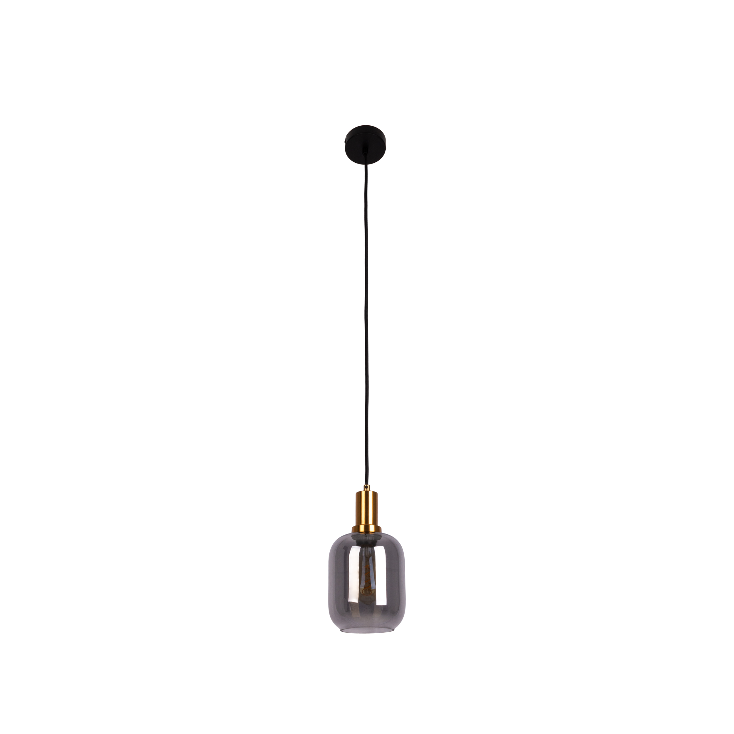 Eine moderne Pendelleuchte mit schwarzem Oberteil, langem schwarzem Draht und grauem, zylindrischen Glasschirm.