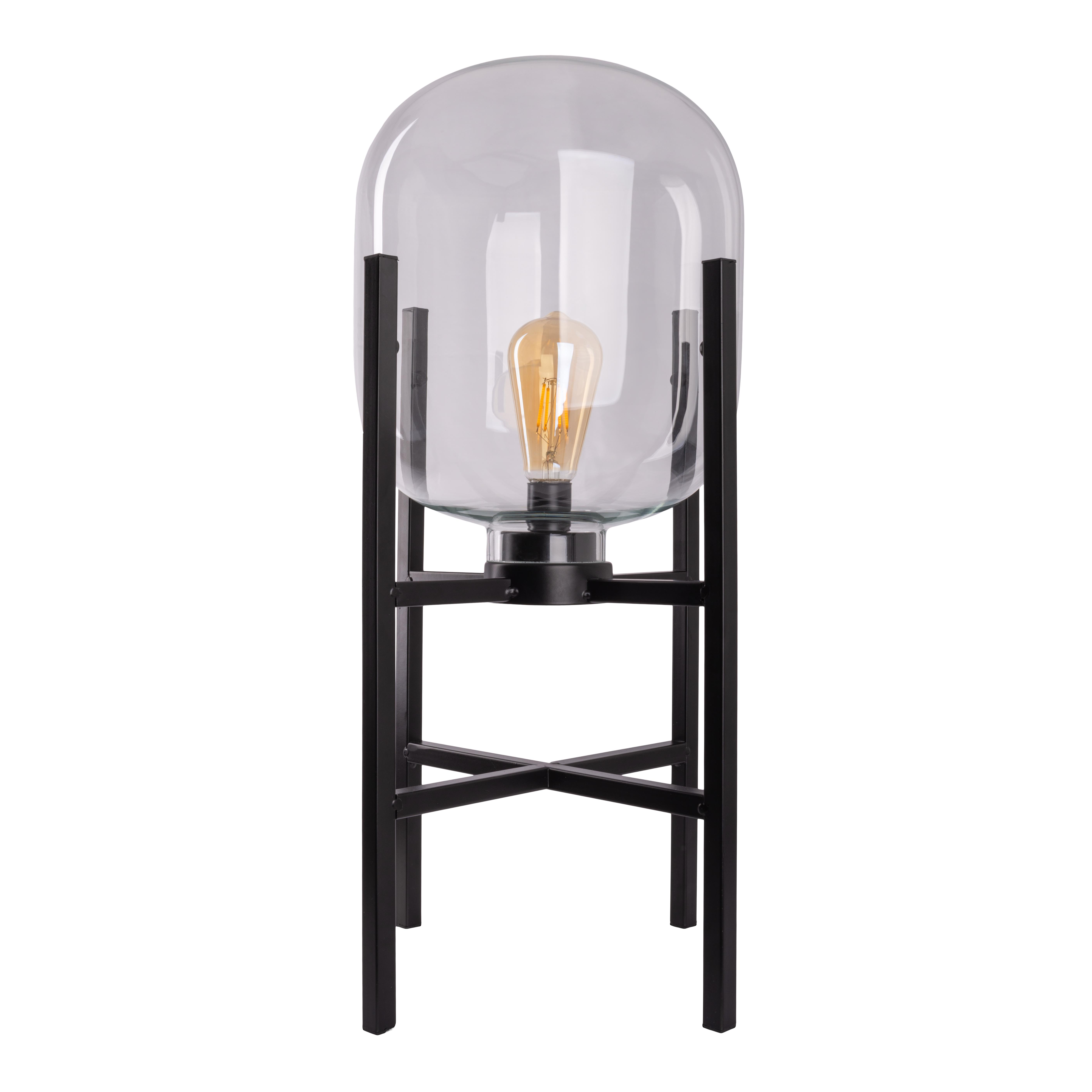 Eine moderne Lampe. Sie hat einen großen Glasschirm und einen schwarzen Metallständer.