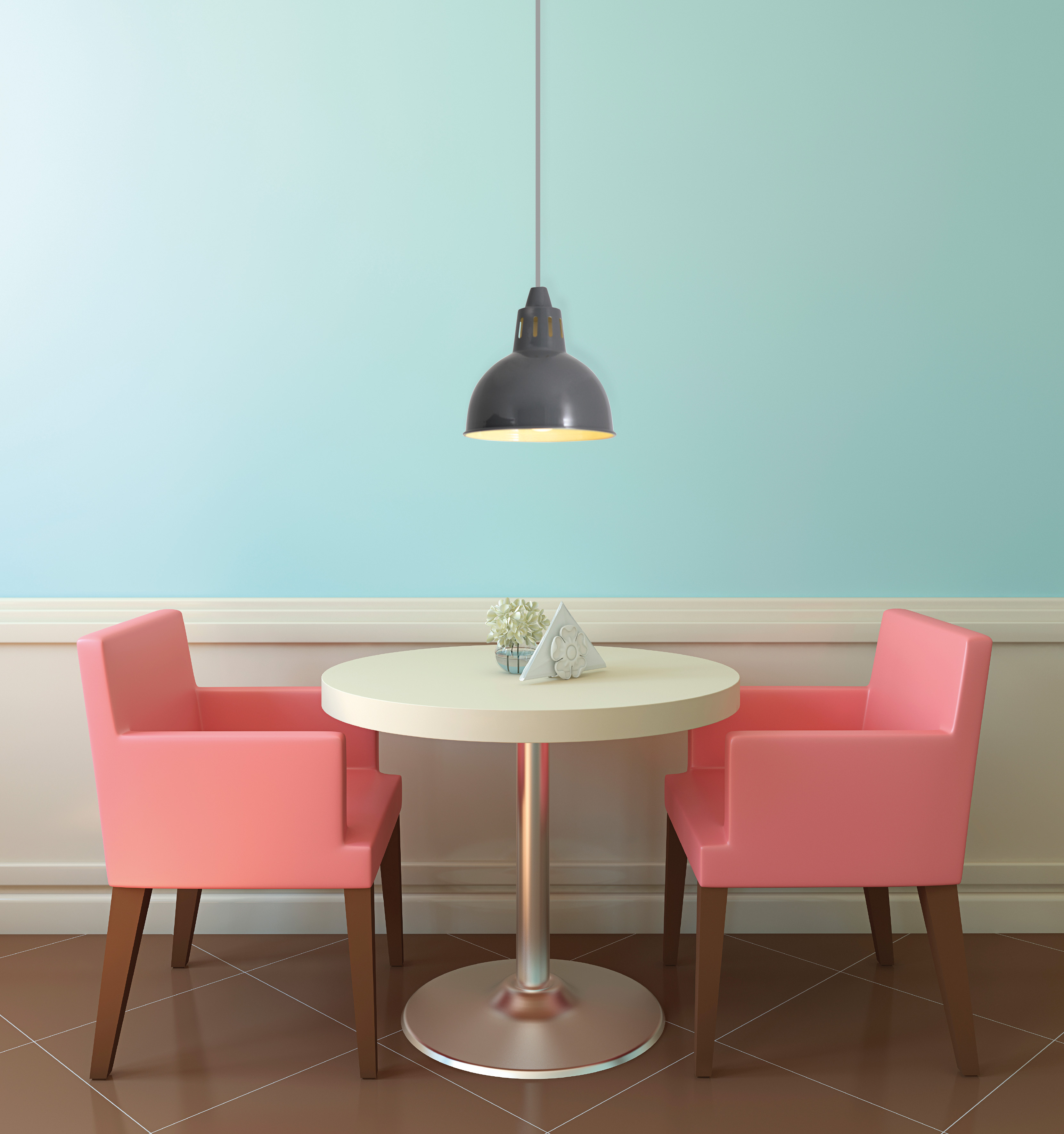 Café-Szene mit rosa Stühlen, einem runden Tisch, einer schwarzen Lampe und hellblauer Wand.