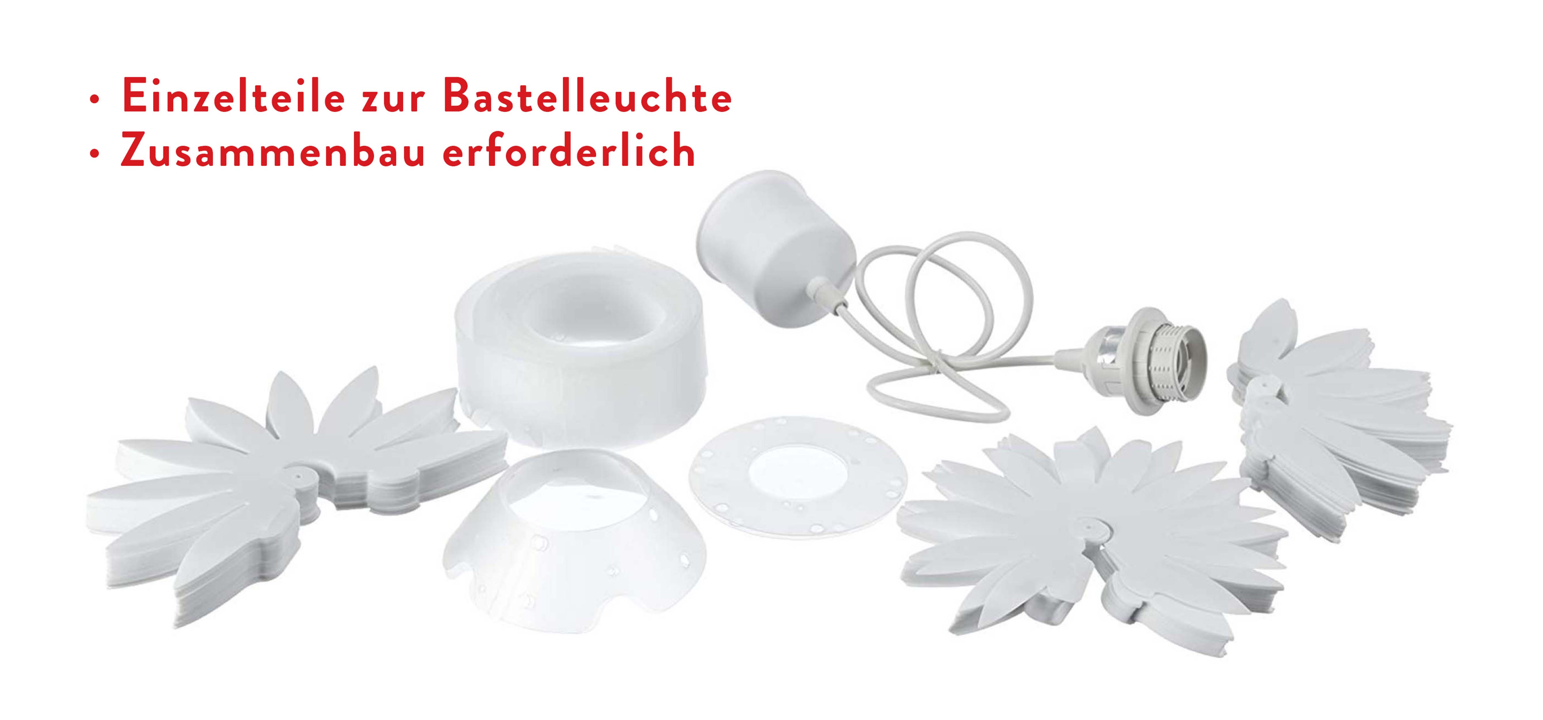 Teile für den Zusammenbau einer DIY-Blumenlampe. Weiße Komponenten.