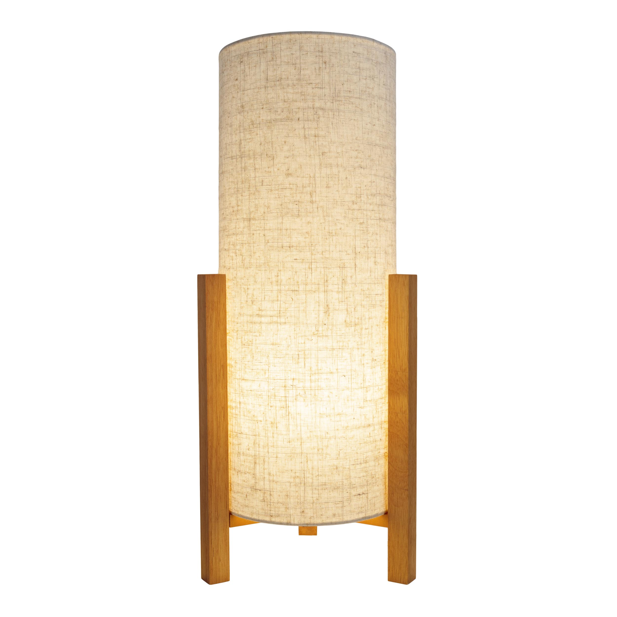 Eine beigefarbene Stofflampe mit Holzsockel, die eine weiche Beleuchtung bietet, isoliert.