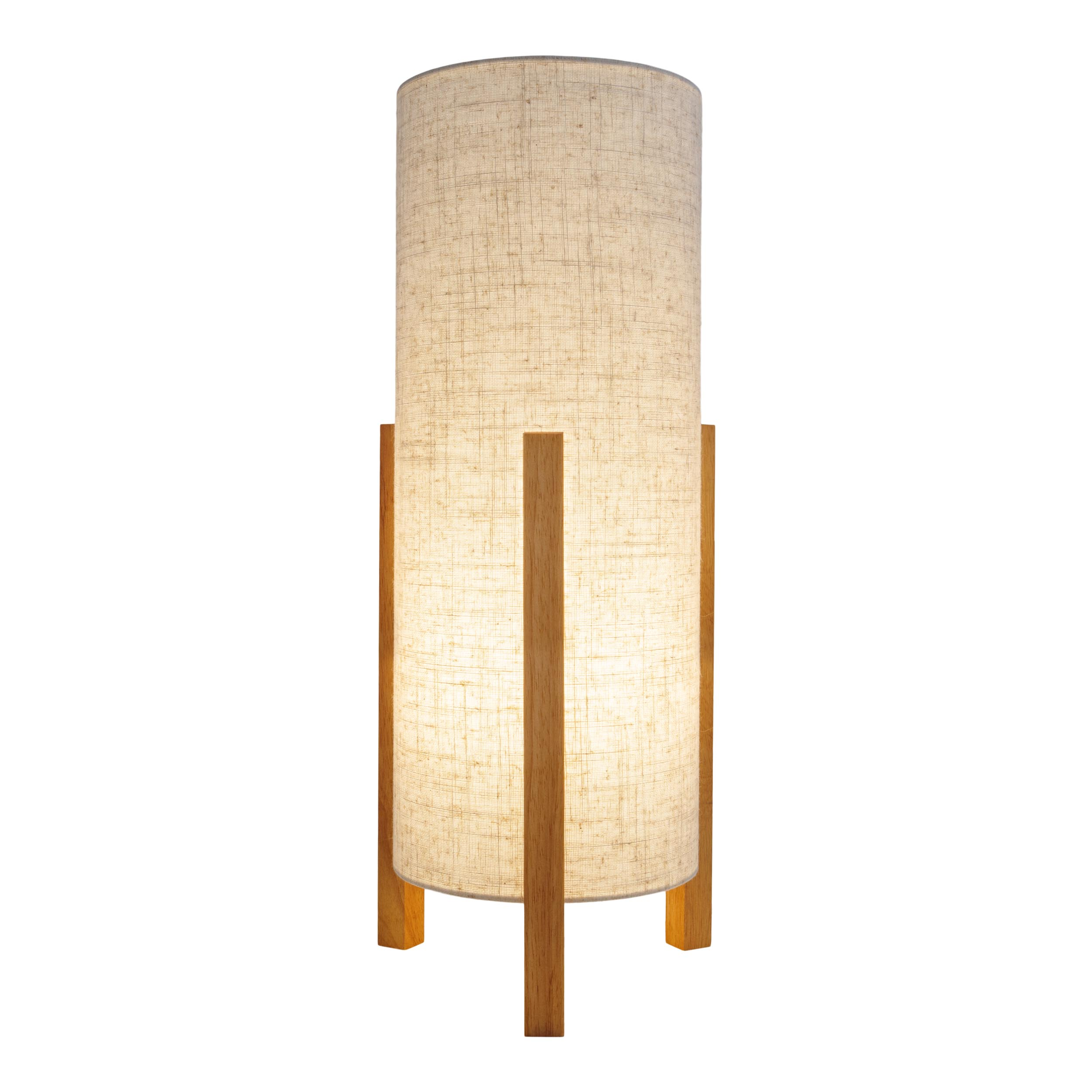 Hohe zylindrische Lampe. Beiger Stoffschirm. Holzsockel mit 3 Beinen.