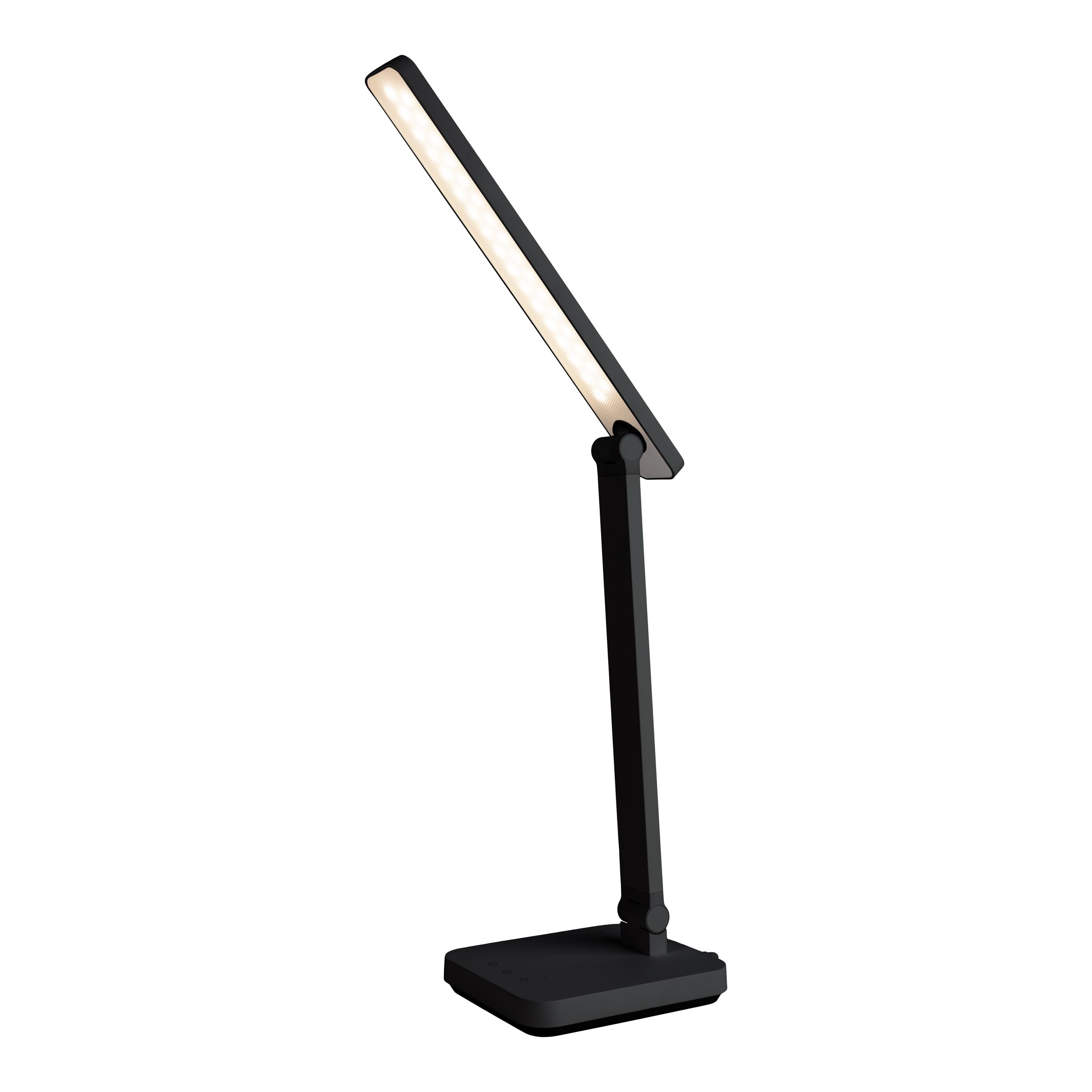 Schwarze, verstellbare Schreibtischlampe mit weißem Licht, auf weißem Hintergrund.