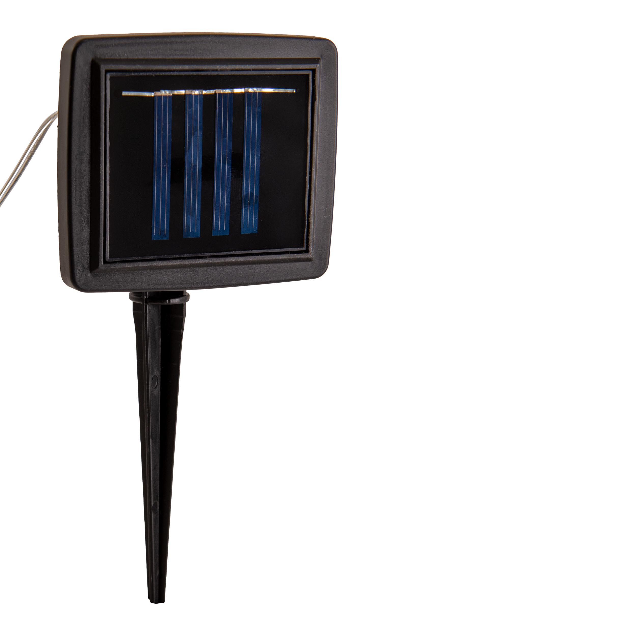 Ein quadratisches Solarpanel mit Pfahl, für den Außenbereich bestimmt, vor weißem Hintergrund.