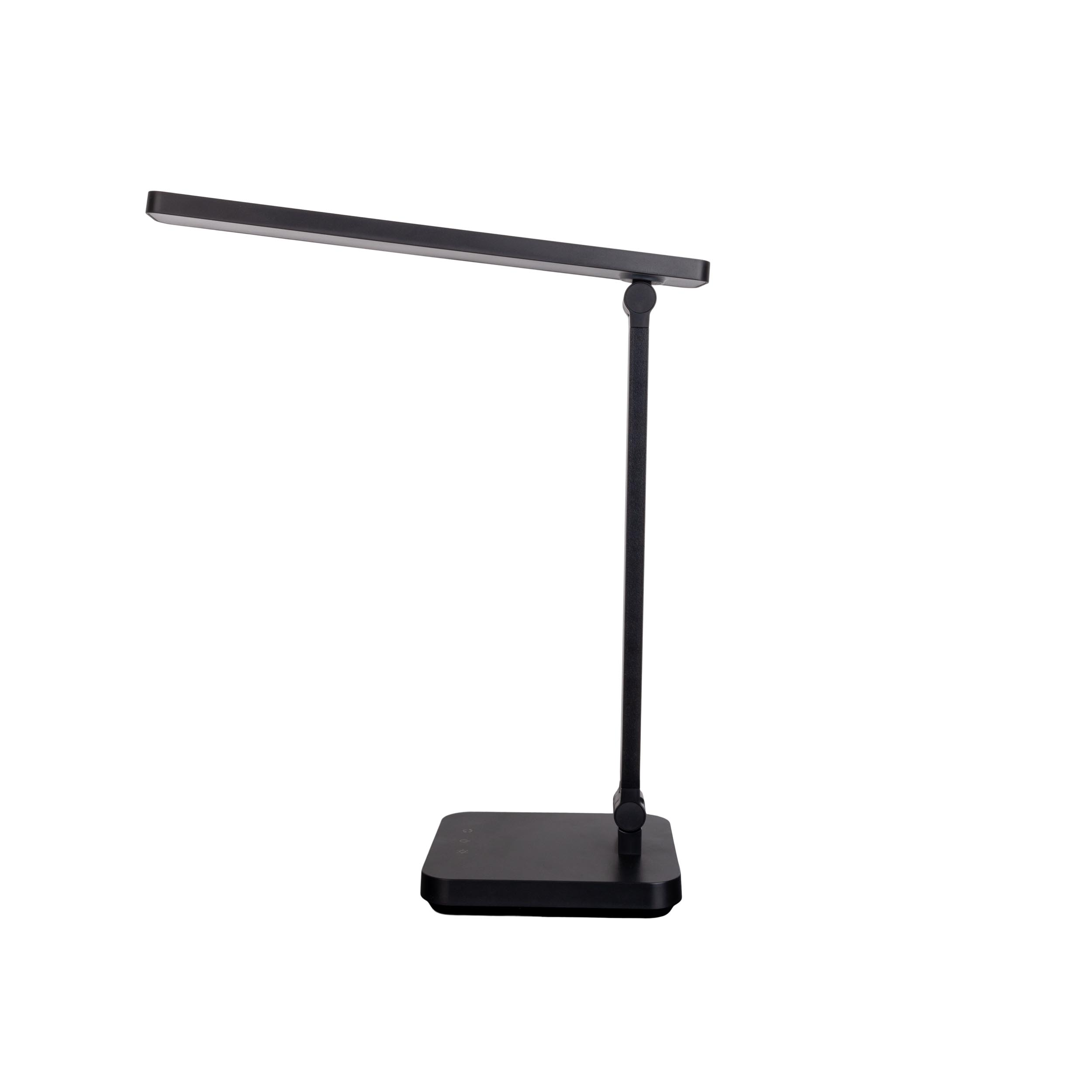 Eine schwarze Schreibtischlampe mit rechteckigem Kopf und vertikalem Schaft auf quadratischer Basis.