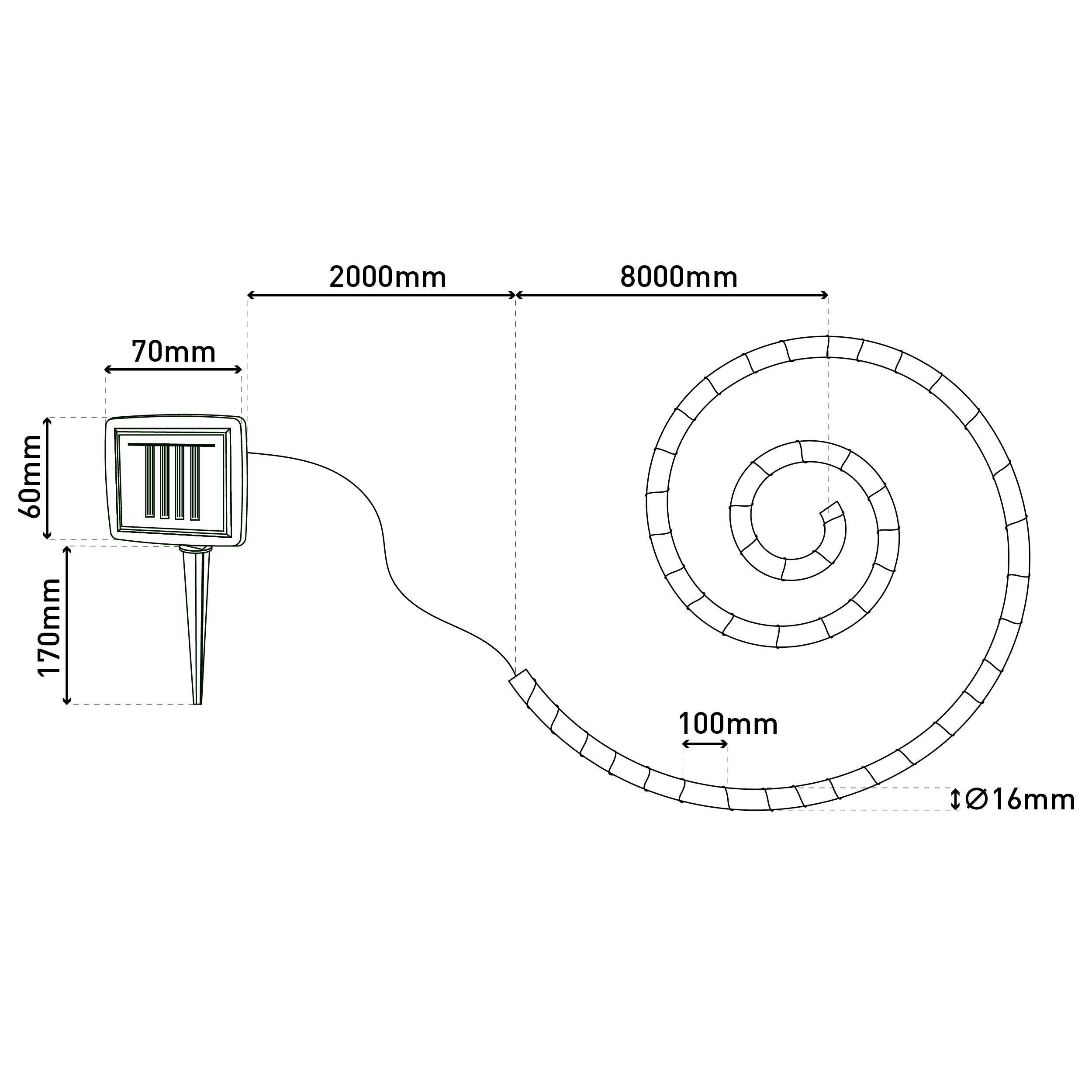 Ein Diagramm, das ein Solarpanel und eine Lichterkette mit Abmessungen zeigt.