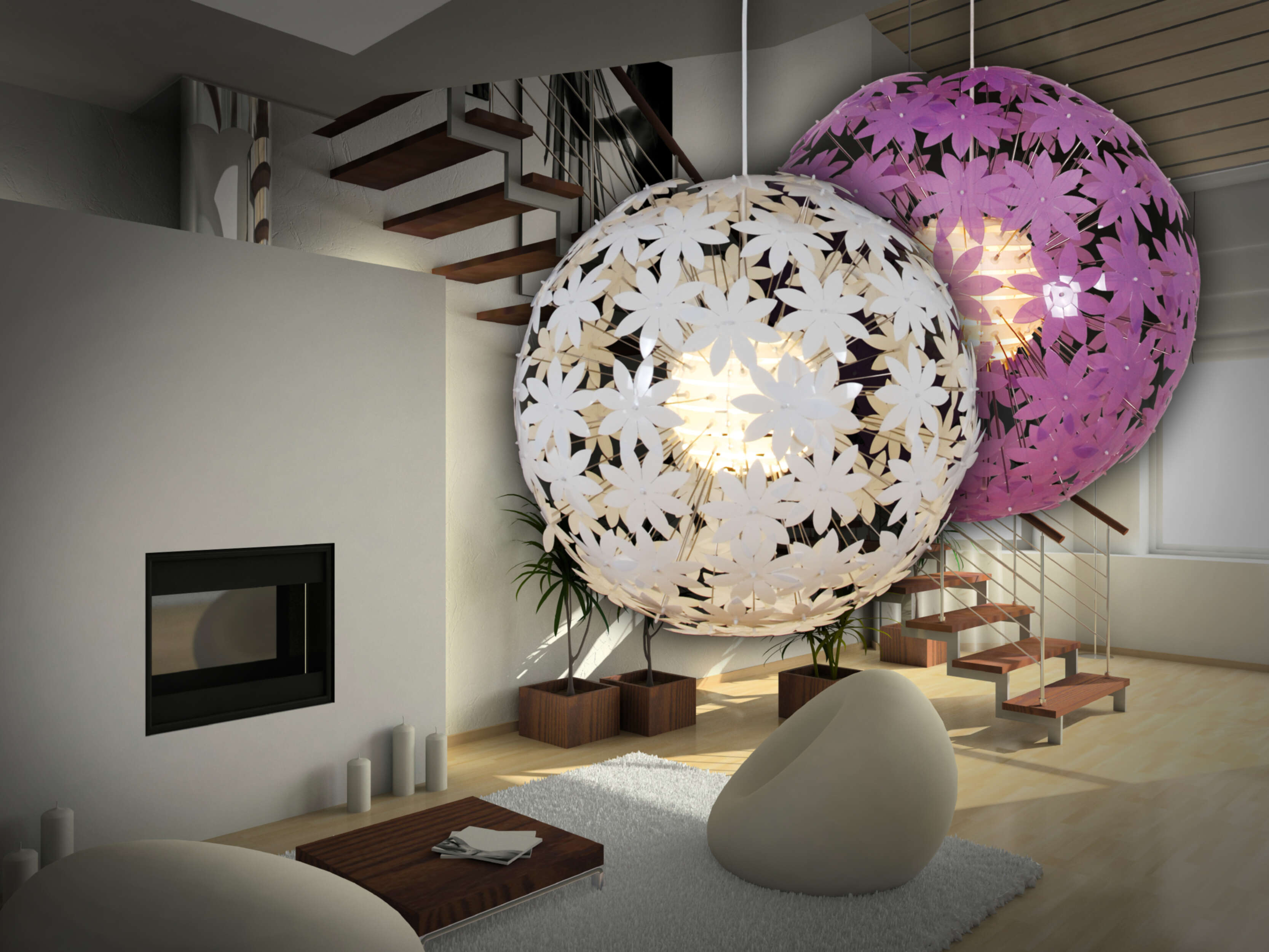 Intérieur moderne avec des lampes suspendues en forme de fleur, une chaise blanche et un escalier.