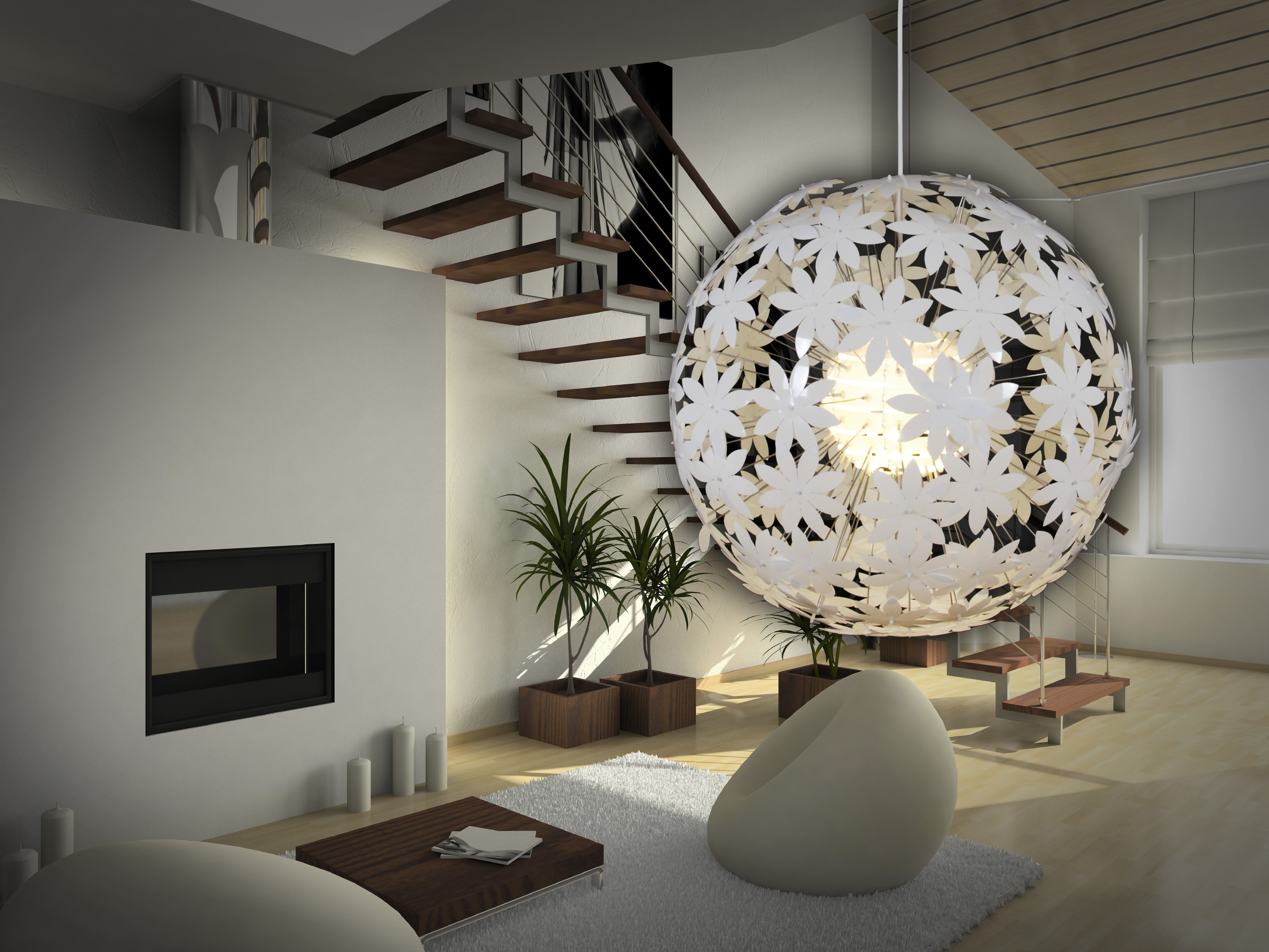 Un lustre blanc en forme de fleur dans un intérieur moderne.