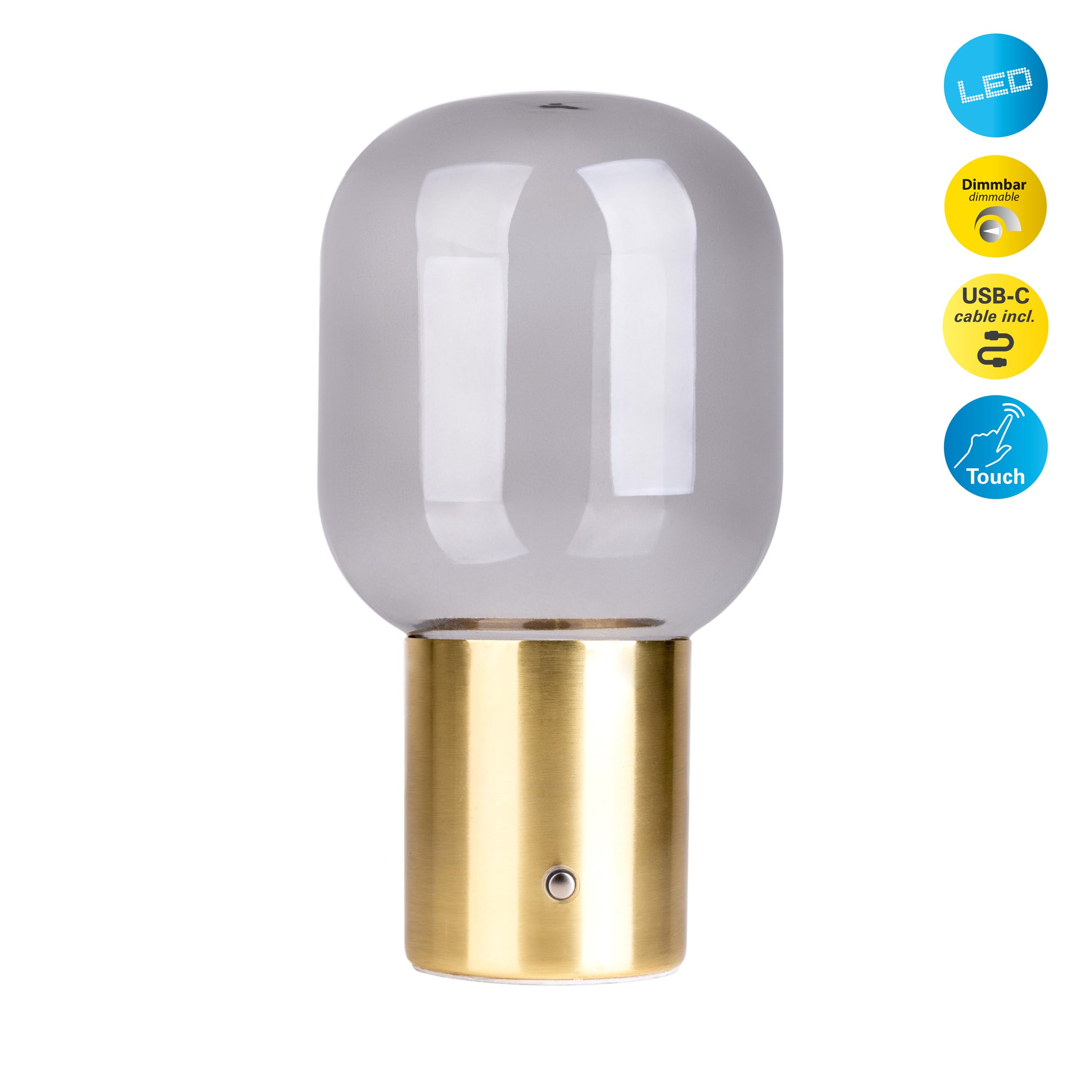 Eine moderne Tischlampe mit goldenem Sockel und grauem, abgerundetem Oberteil. Mit LED, Touch und Dimmfunktion.