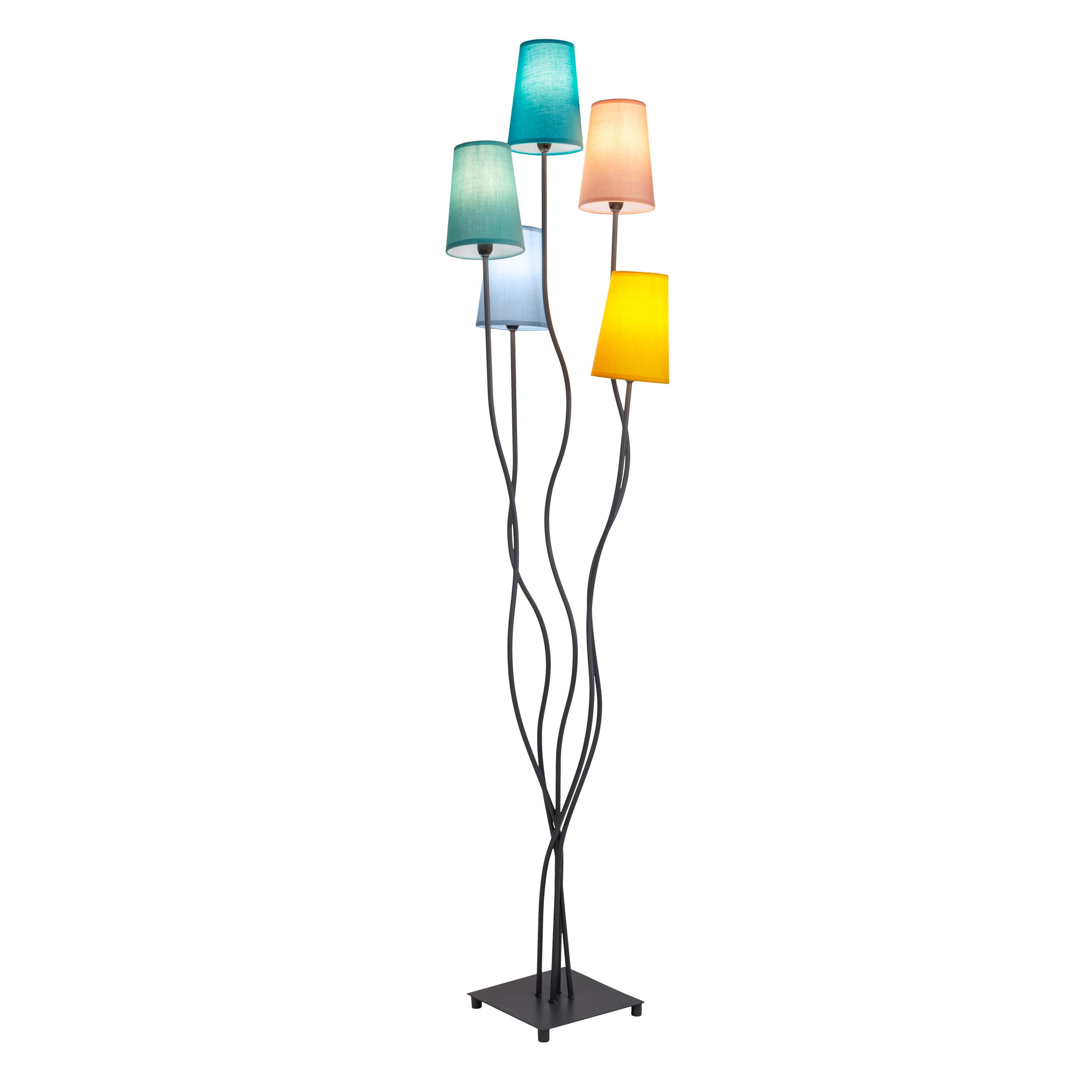 Eine hohe Stehlampe mit fünf Schirmen in verschiedenen Farben: Türkis, Rosa, Blau, Gelb und Grün.