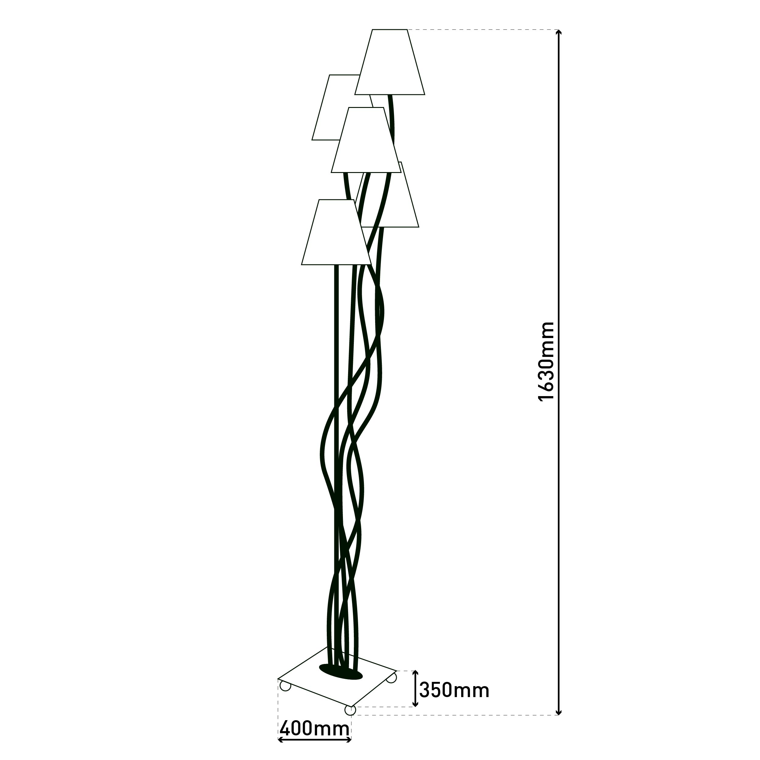 Eine Stehlampe mit gewelltem Stiel und mehreren Lampenschirmen. Abmessungen sind angegeben.