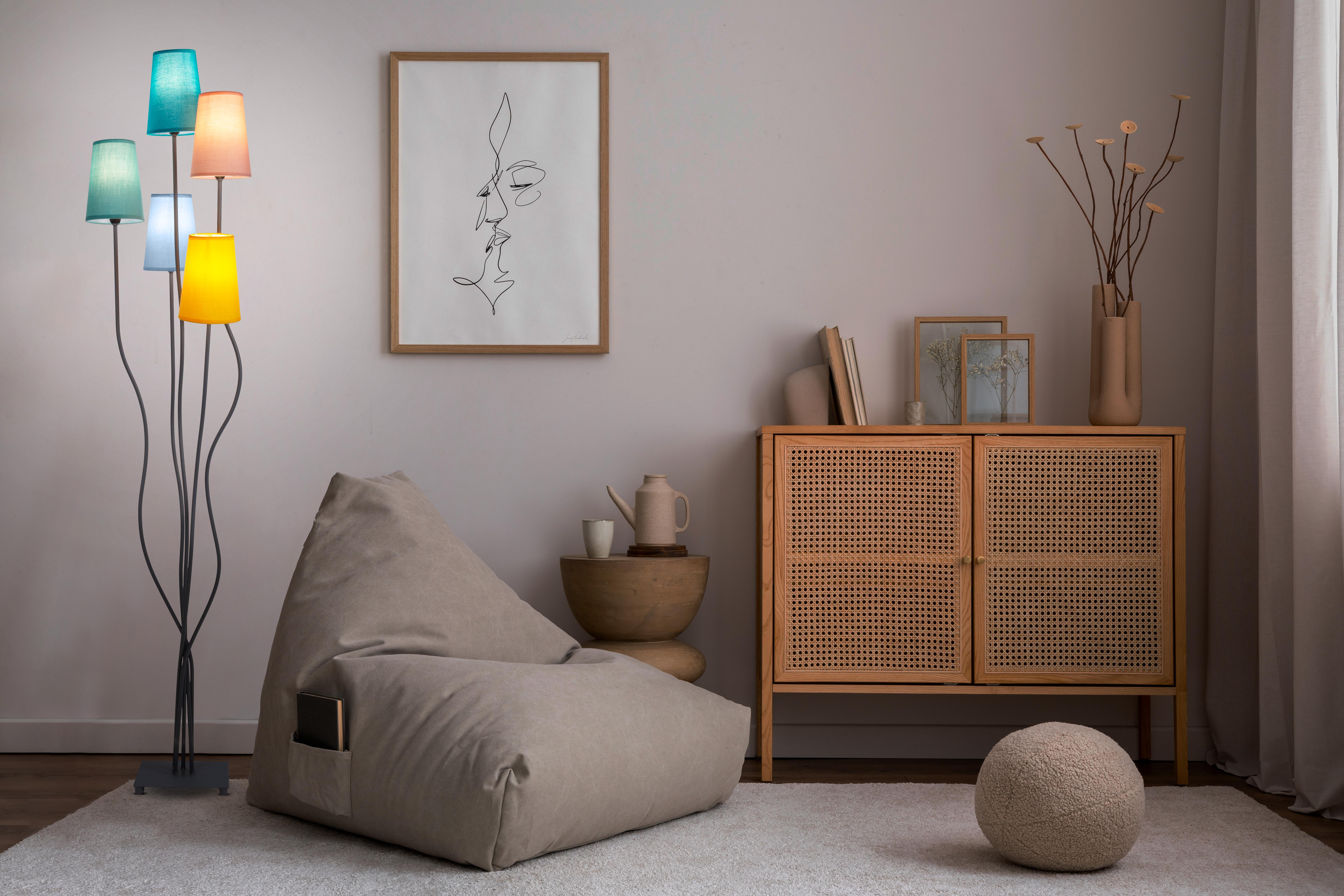 Ein Raum mit Stehlampe, Sitzsack, Schrank und Dekoration auf einem Teppich.