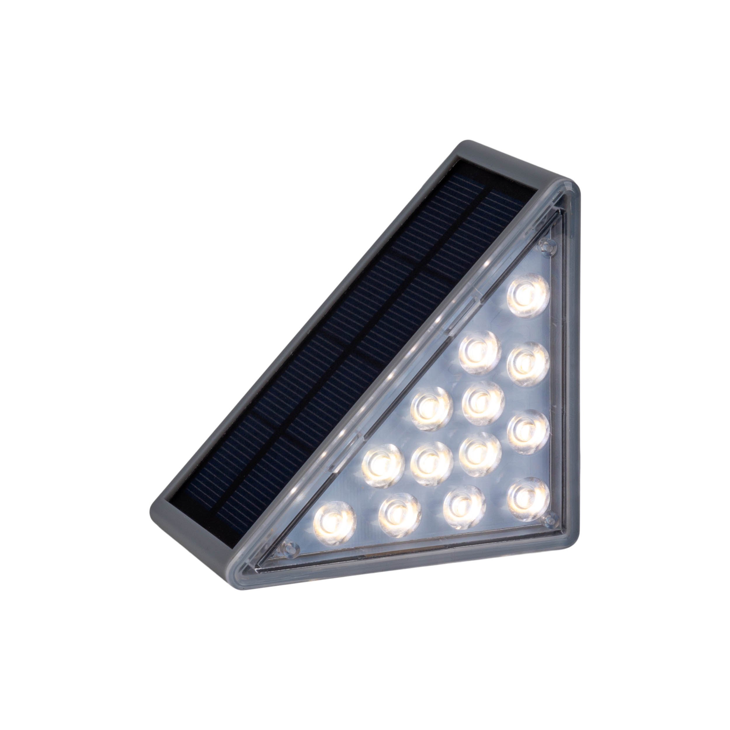 Dreieckige solarbetriebene LED-Leuchte mit Solarpanel.