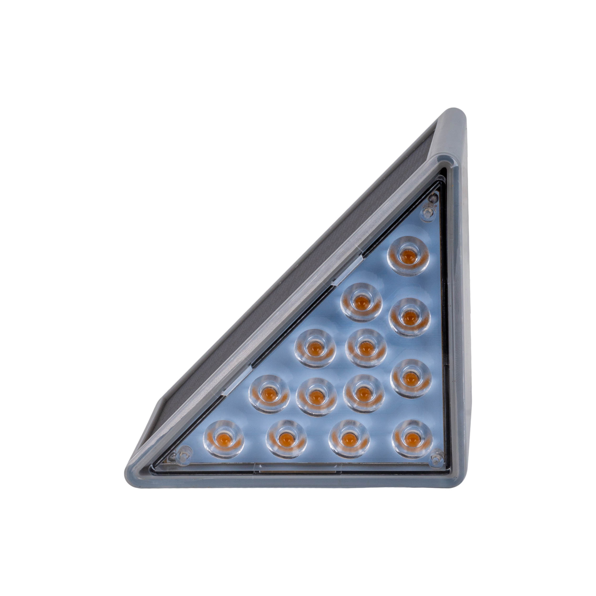 Eine dreieckige LED-Leuchte mit orangen LEDs.
