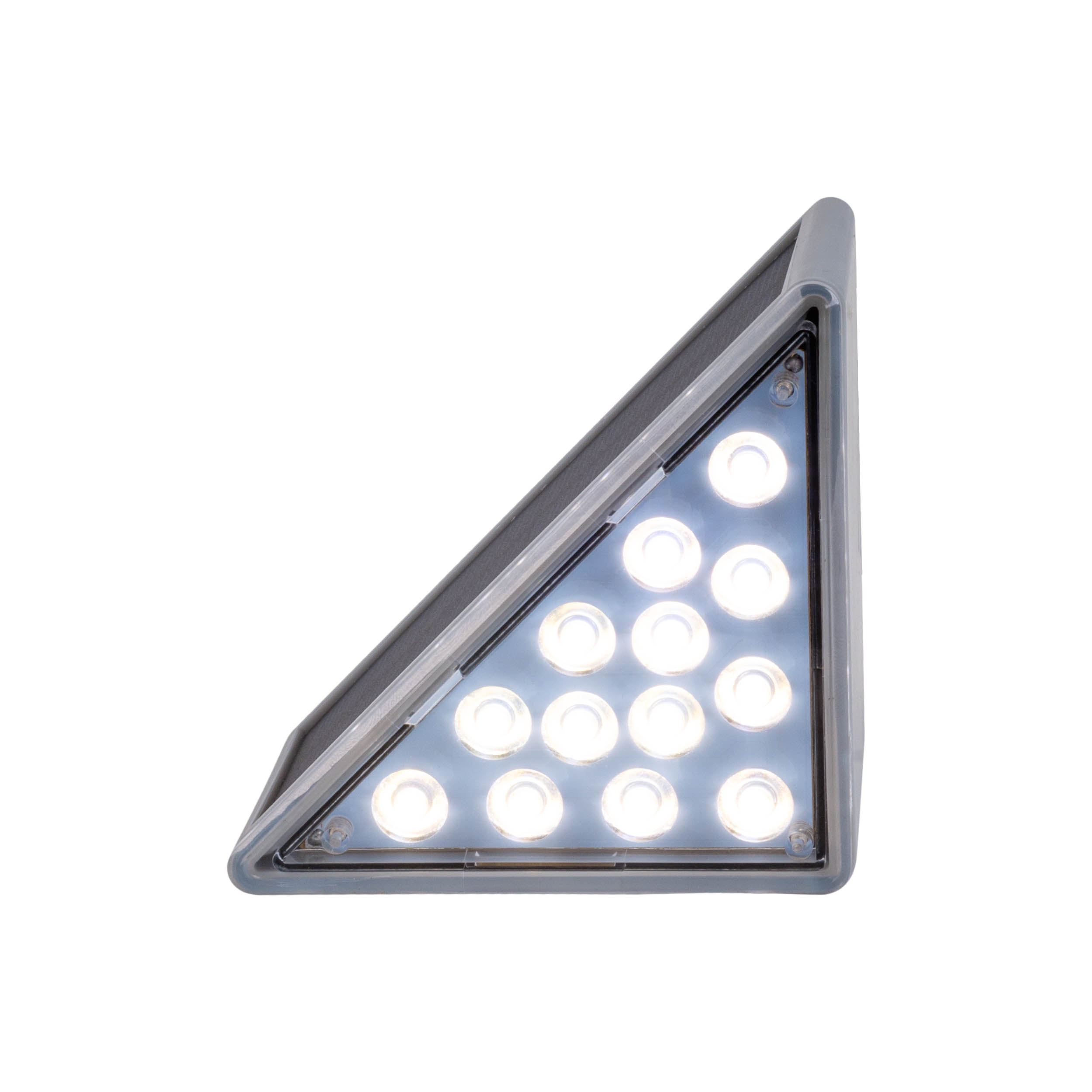 Dreieckige LED-Leuchte. Sie ist silber gerahmt und hat mehrere weiße Lichter.