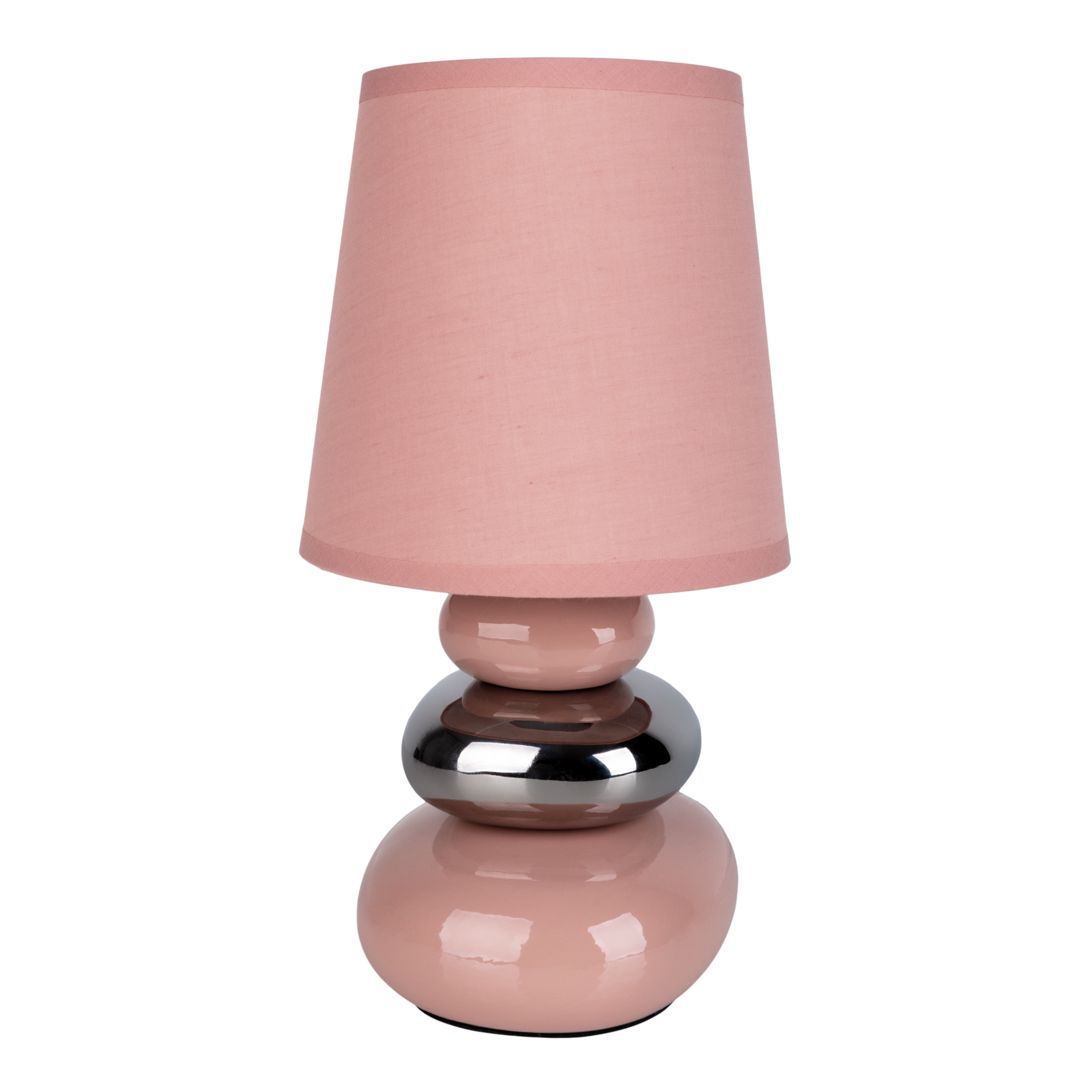 Rosa Tischlampe mit rundem Sockel und rosafarbenem Lampenschirm.