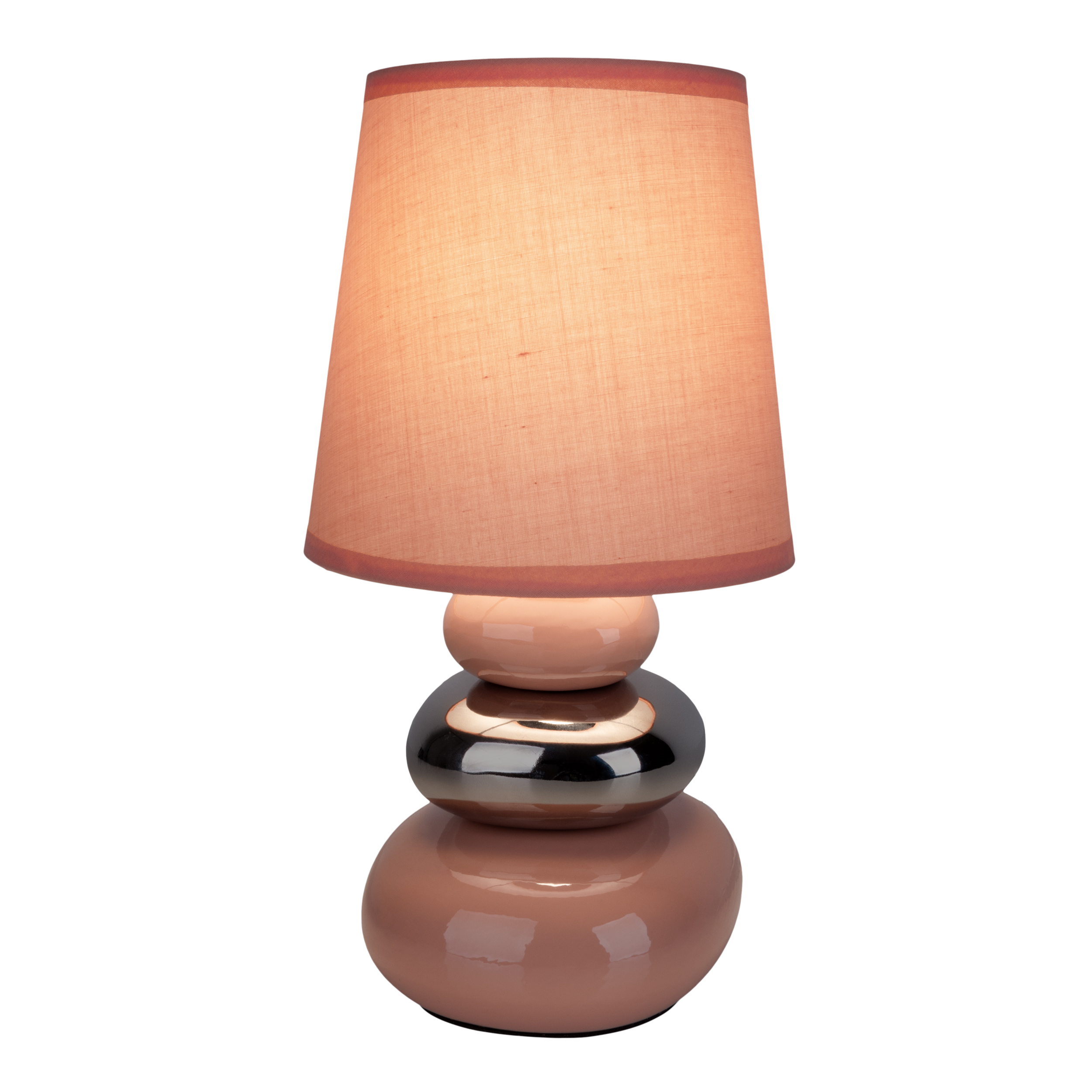 Rosa-silberne Tischlampe mit Stoffschirm auf weißem Hintergrund.