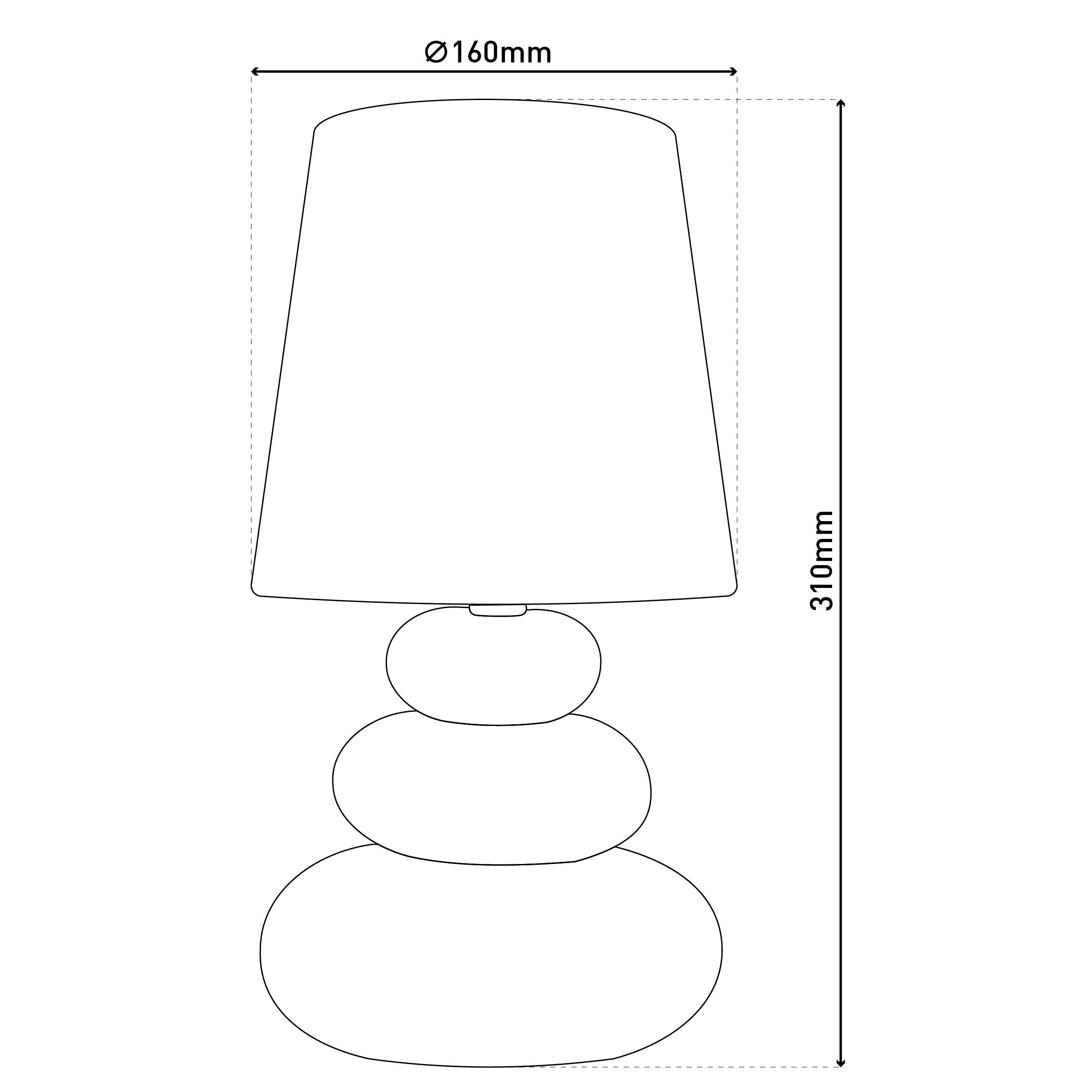 Strichzeichnung einer Lampe mit Lampenschirm und Sockel, mit Maßangaben.