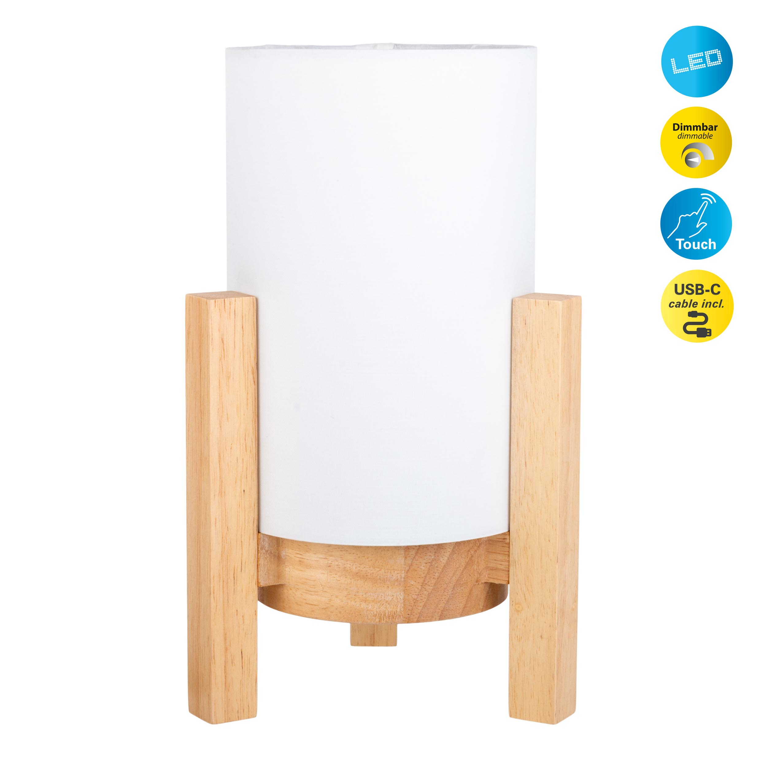 Zylindrische weiße Lampe mit Holzsockel und -stützen. Mit LED-, dimmbar- und Touch-Symbolen.