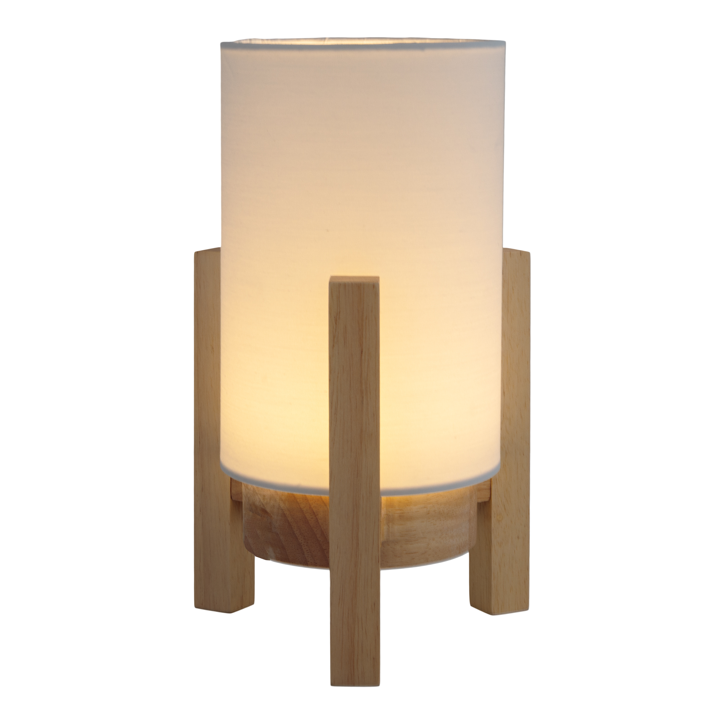 Eine kleine Lampe mit weißem Schirm auf Holzsockel, die sanftes Licht aussendet.