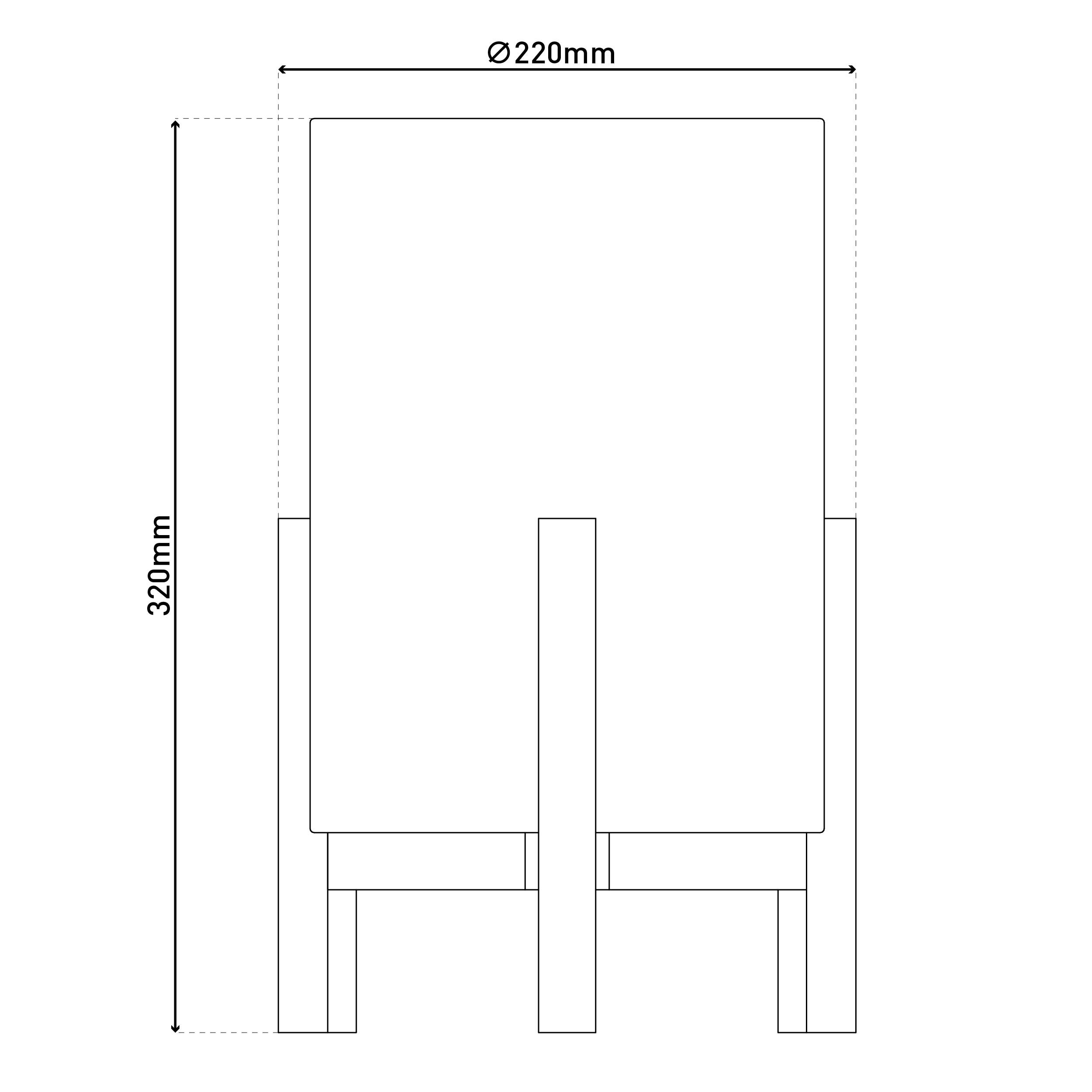 Eine Strichzeichnung eines Stuhls mit Abmessungen (320 mm Höhe, 220 mm Durchmesser).