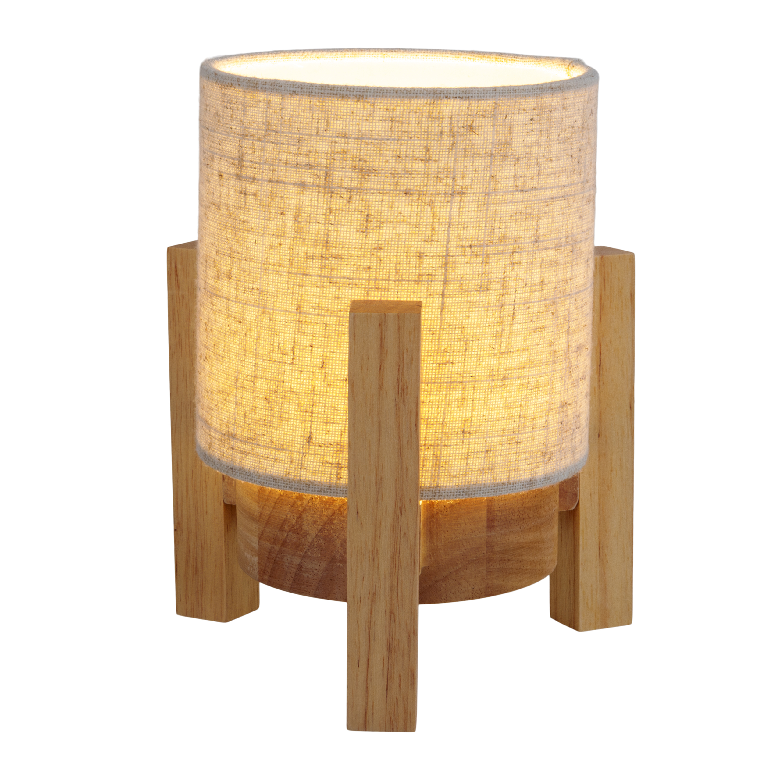 Eine kleine Tischlampe mit Holzsockel und einem zylindrischen Stoffschirm.
