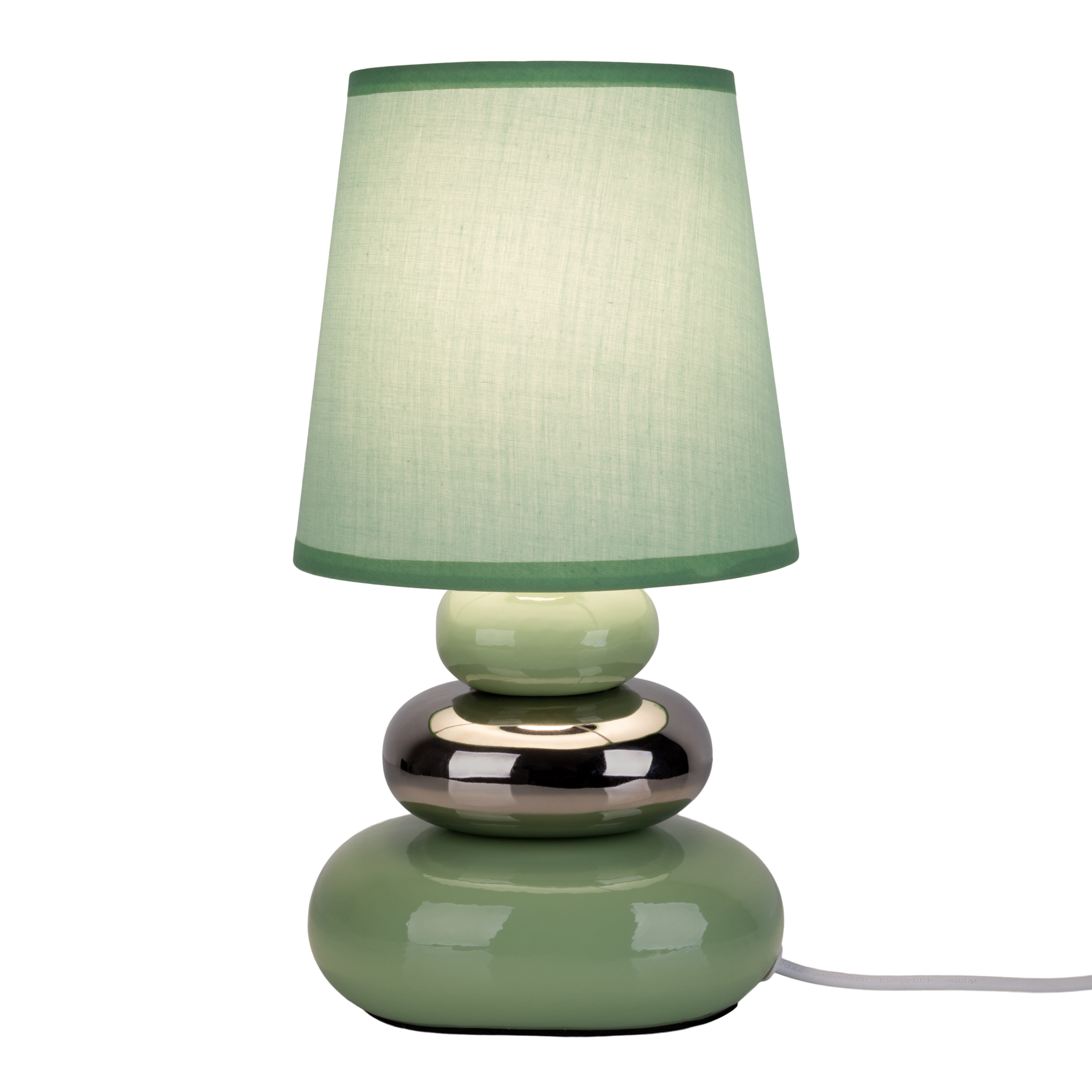 Grüne Tischlampe mit grünem Lampenschirm, Chromakzent und grünem Sockel.