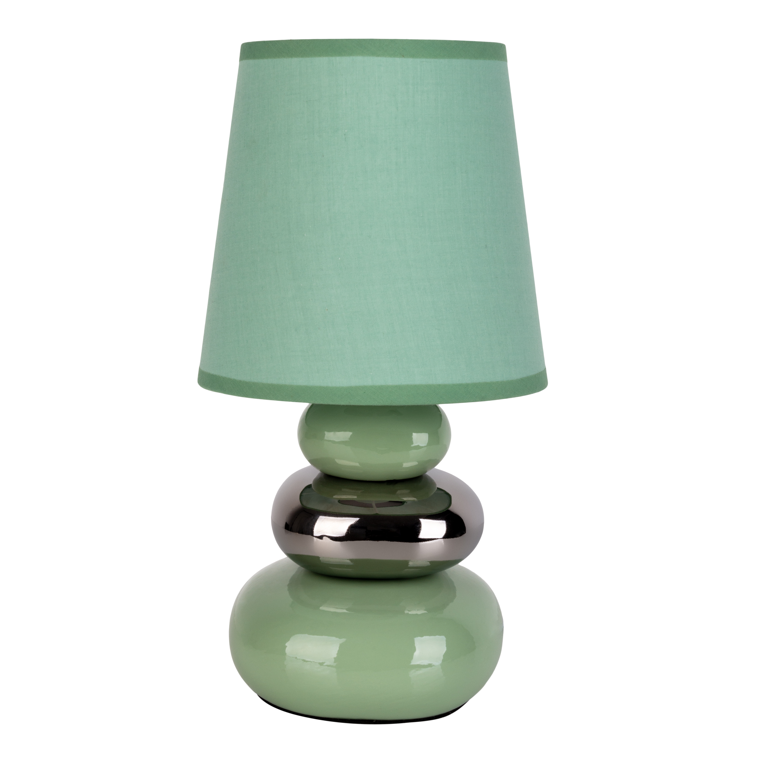 Eine grüne Lampe mit grünem Lampenschirm auf rundem Sockel mit silbernen Akzenten.