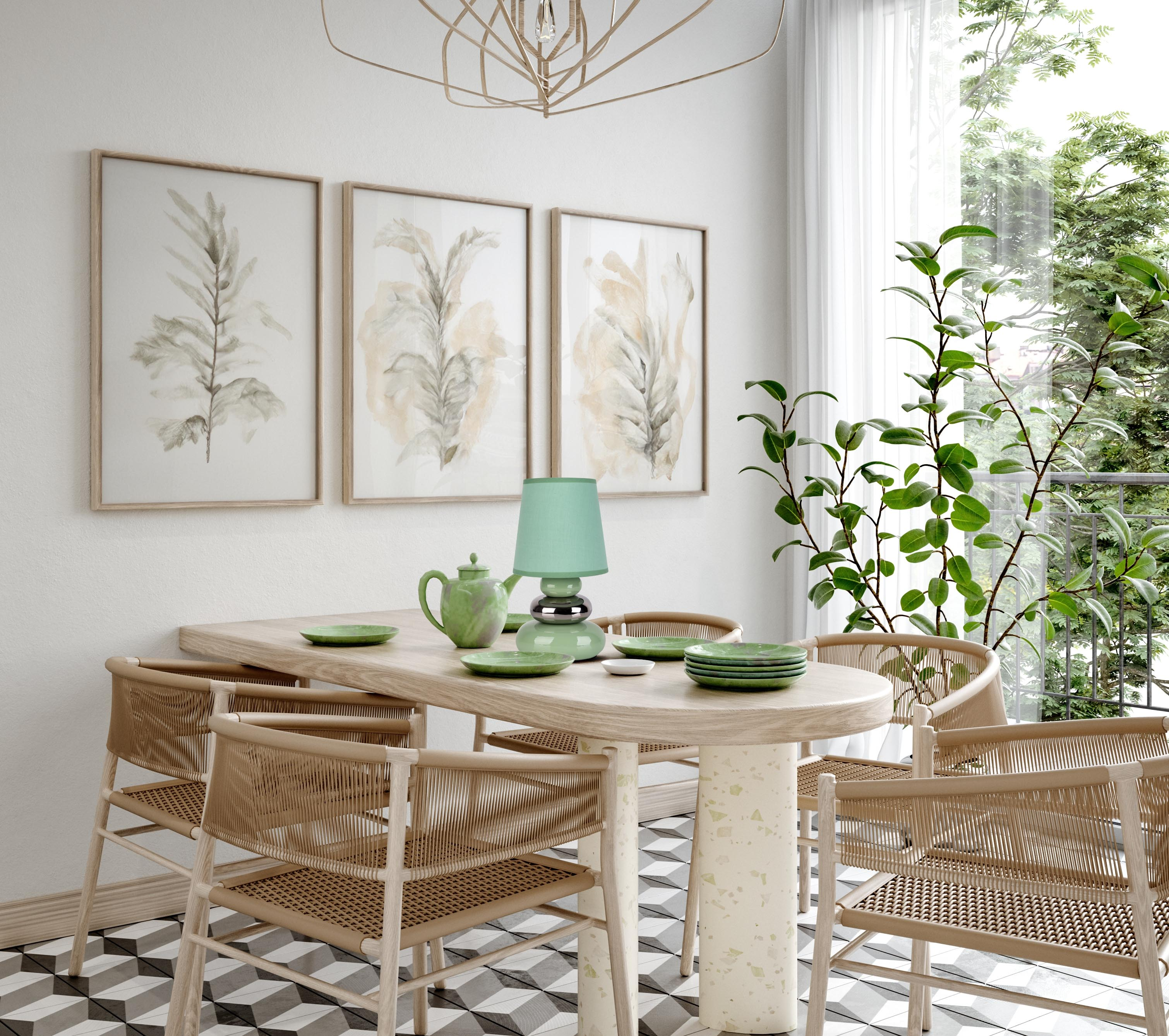 Ein Esszimmer mit drei gerahmten Bildern, einer grünen Lampe und einem Tisch mit Tellern und Stühlen.