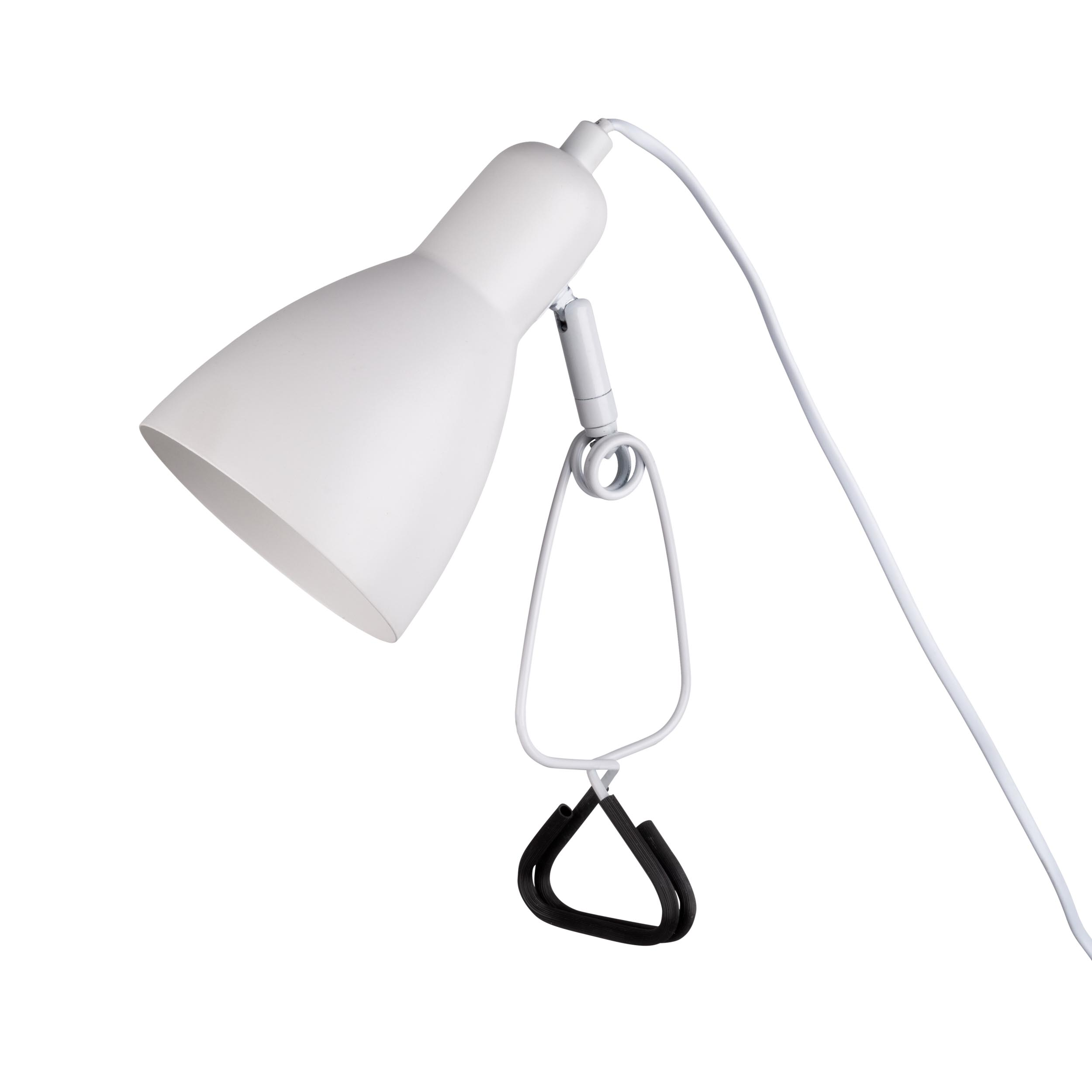 Weiße Schreibtischlampe mit Klemme, schwarzem Klemmenhalter und weißem Kabel.
