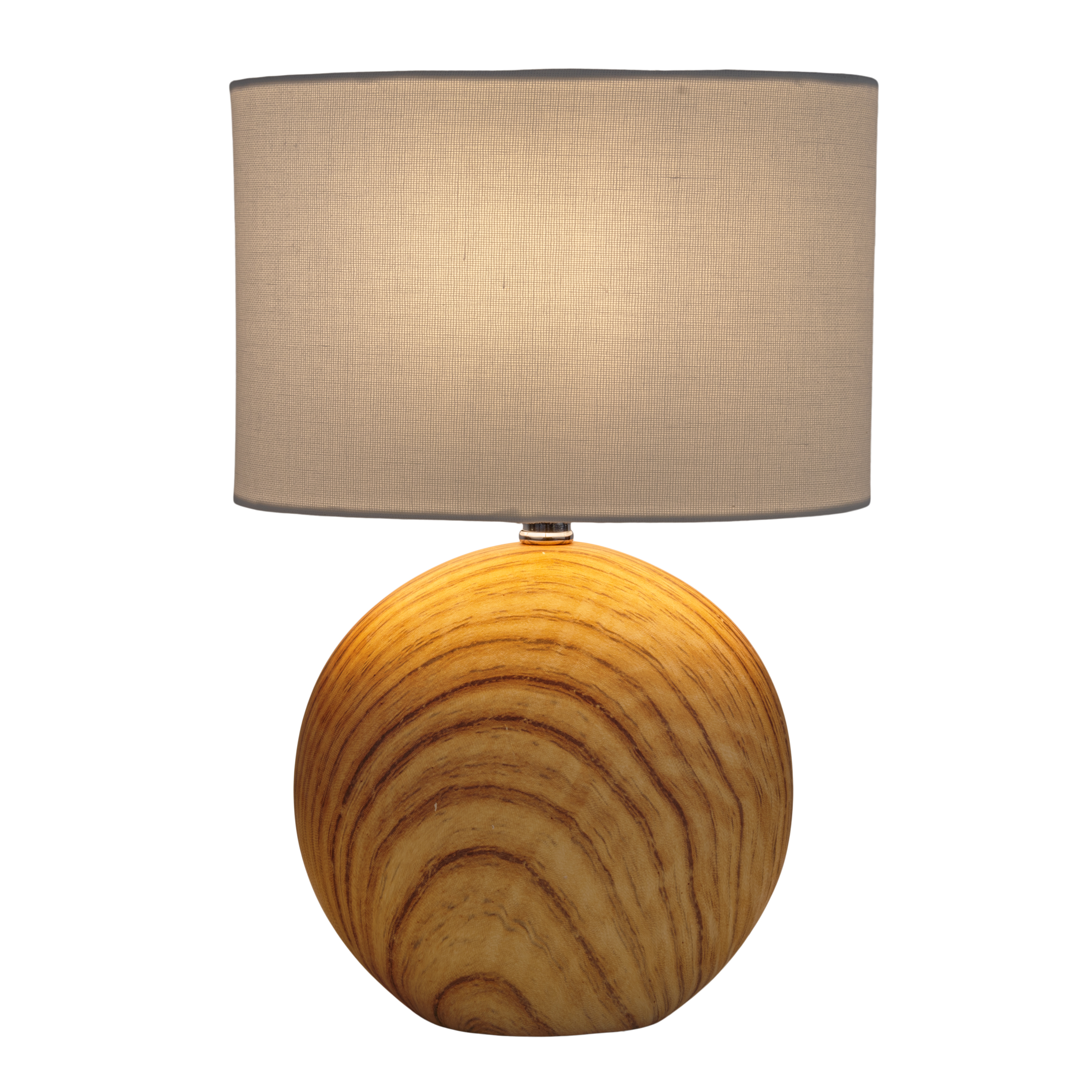 Eine Holzlampe mit Lampenschirm auf weißem Hintergrund.