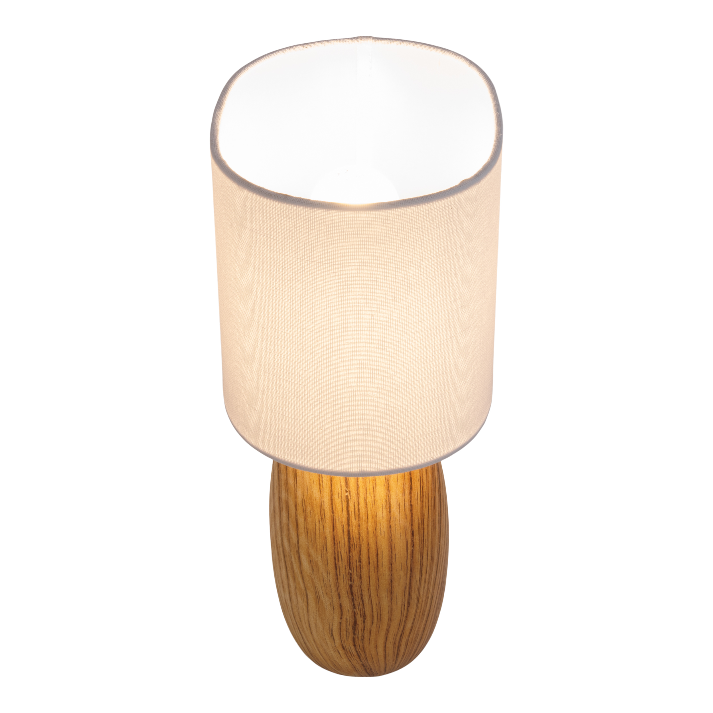 Draufsicht auf eine Tischlampe mit beigem Lampenschirm über einem strukturierten Holzsockel.