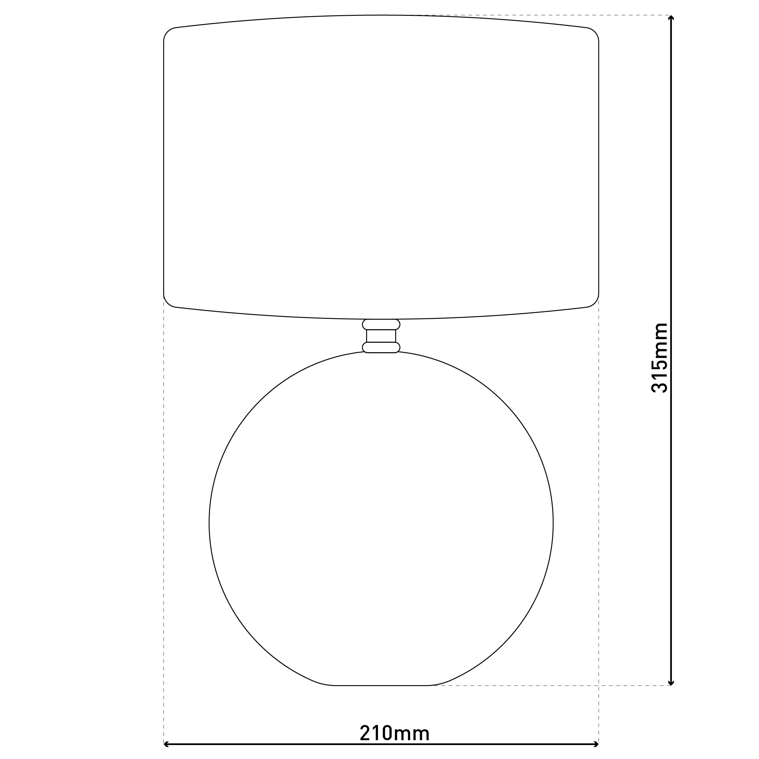 Strichzeichnung einer Tischlampe mit den Maßen: 315 mm hoch, 210 mm breit.