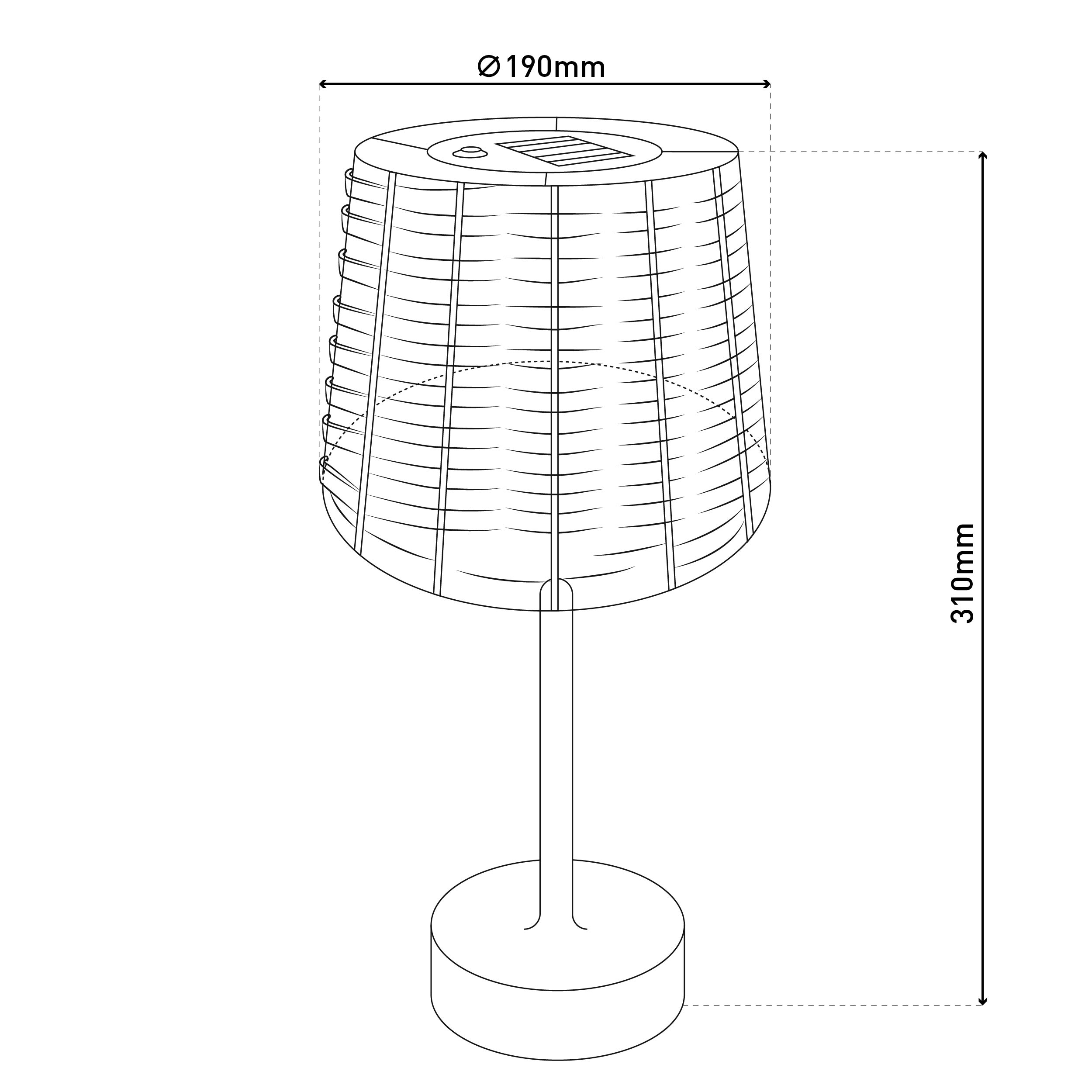 Ein Diagramm einer solarbetriebenen Außenlampe mit Maßen in Millimetern.