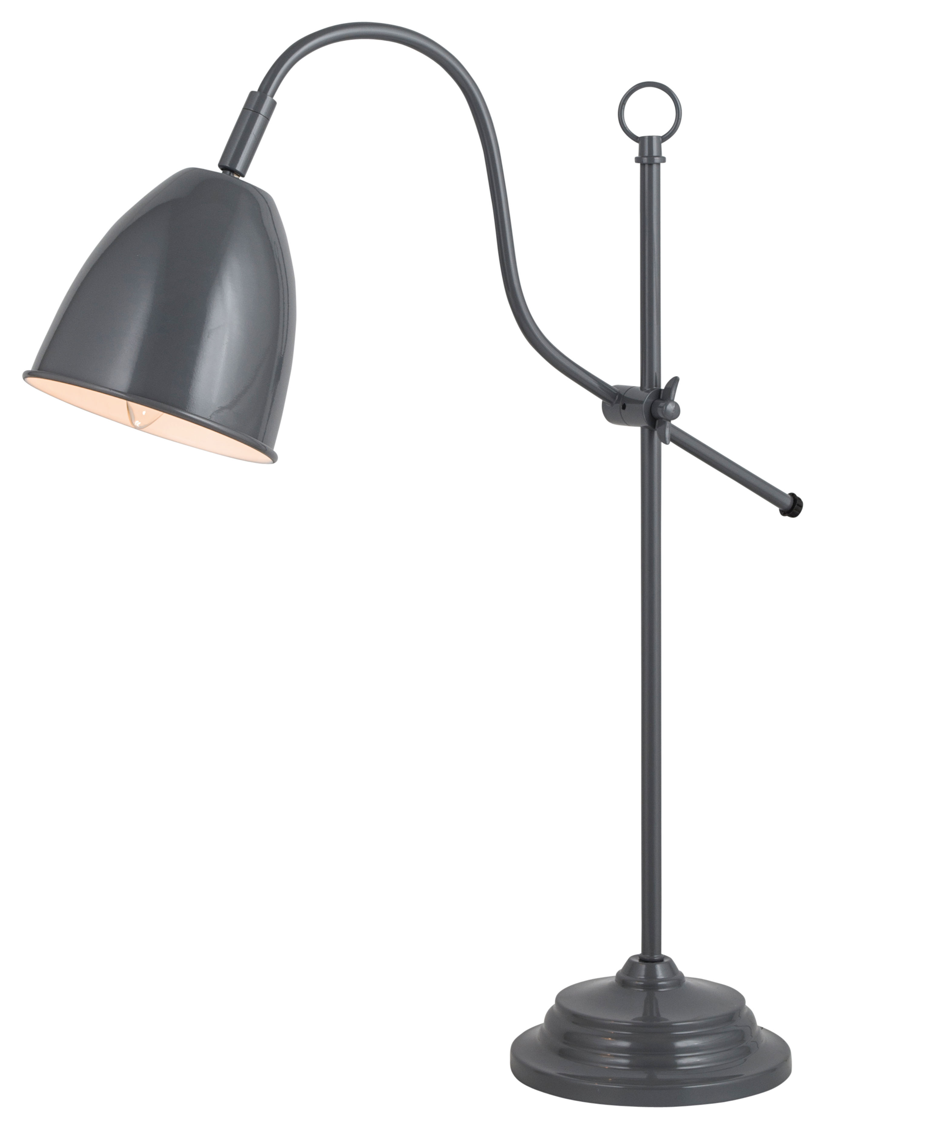 Graue Schreibtischlampe mit gebogenem Arm und rundem Fuß auf weißem Hintergrund.