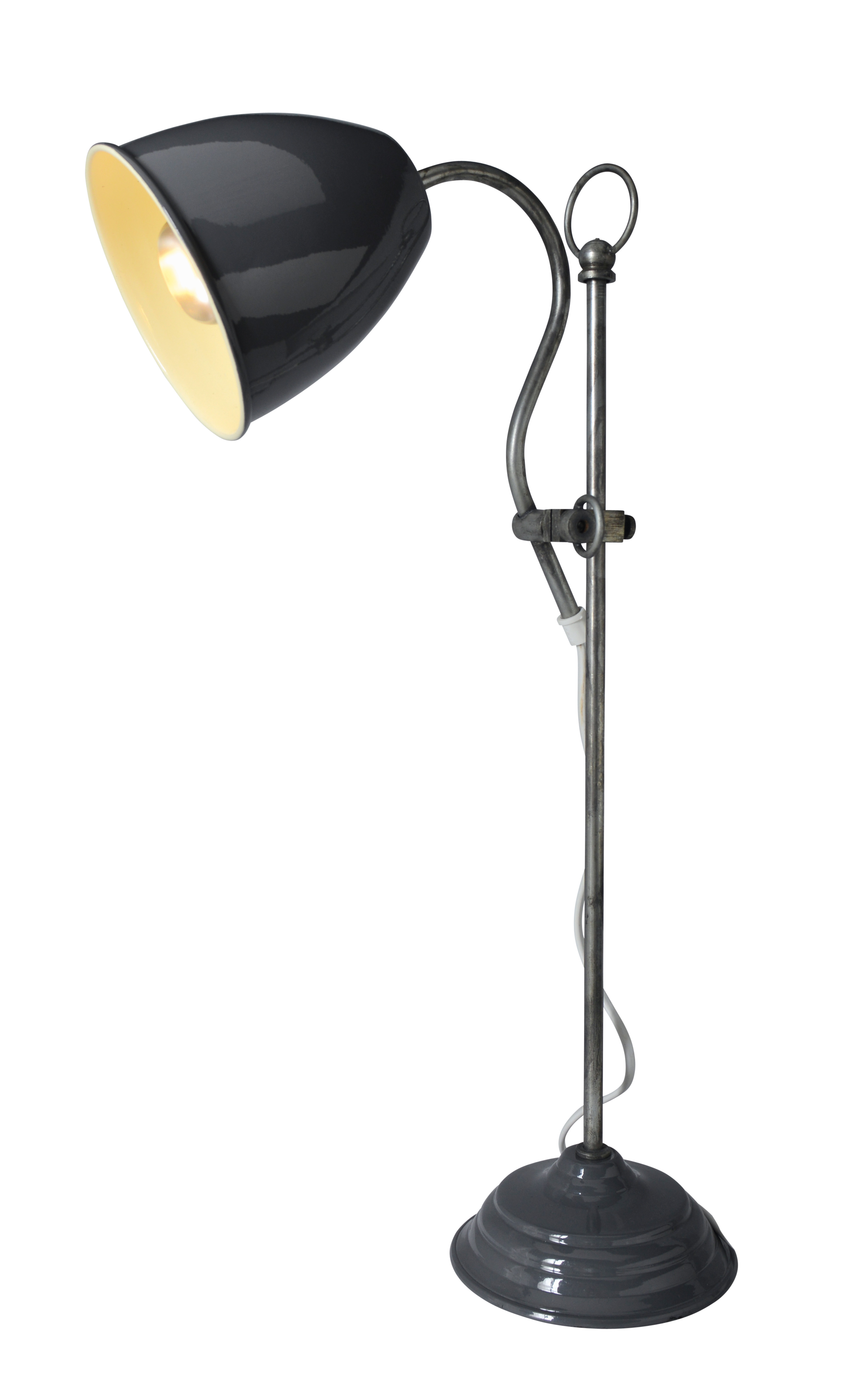Graue Schreibtischlampe mit geschwungenem Arm und hellgelbem Innenschirm.