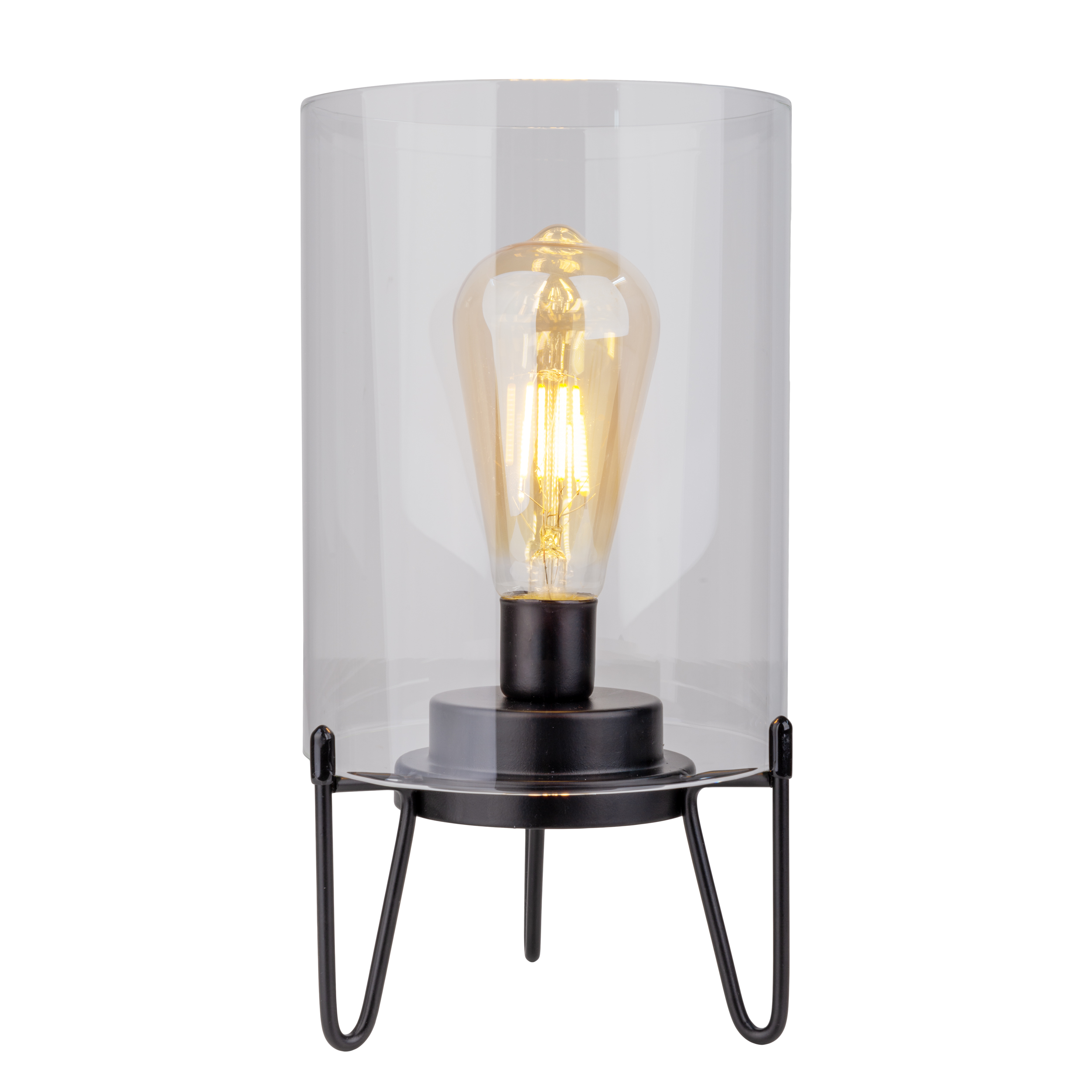 Eine Lampe mit Glaszylinder um eine LED-Glühbirne. Sie steht auf einem schwarzen Metallständer.