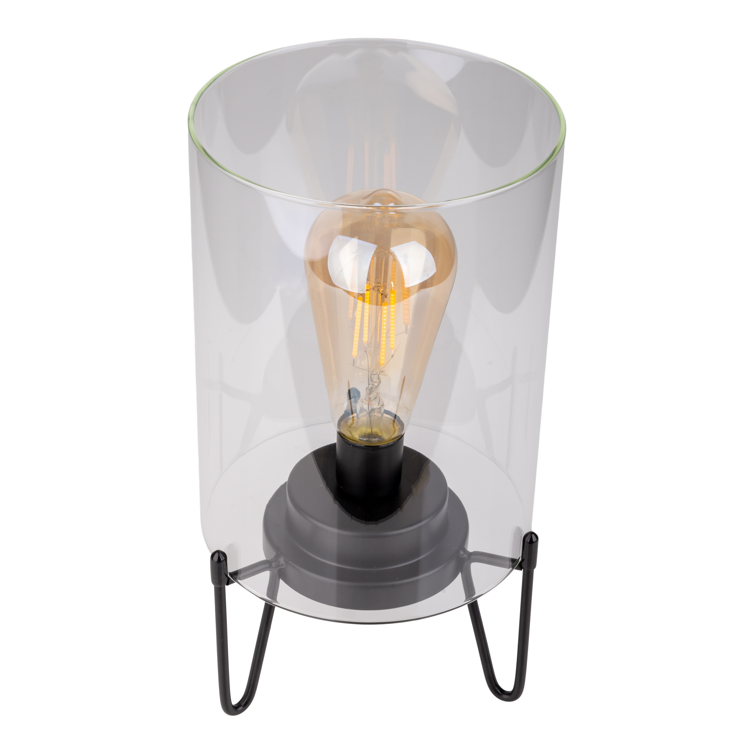 Lampe mit schwarzem Sockel und Beinen, klarem Glaszylinder und leuchtender Glühbirne.