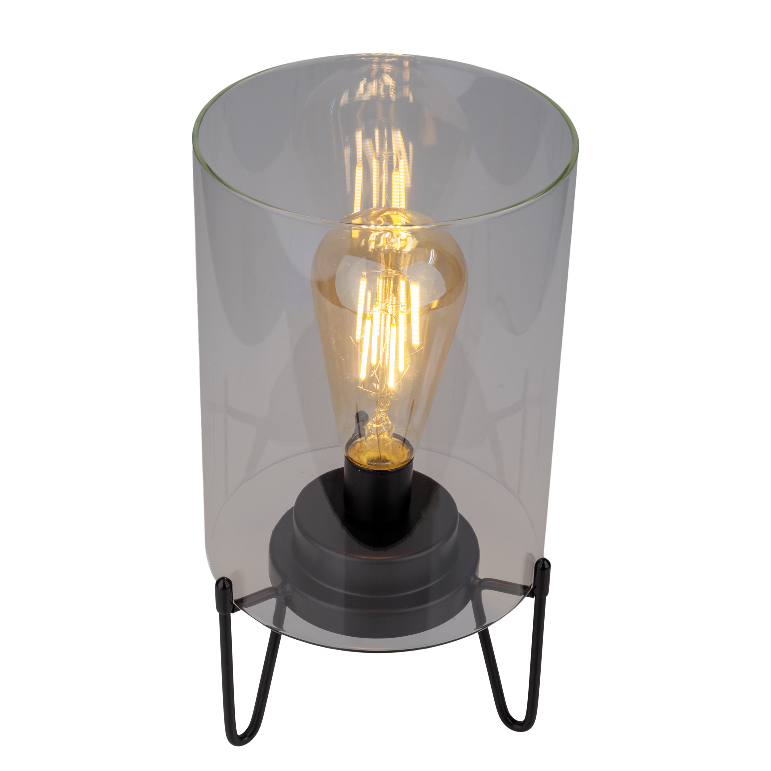 Tischlampe mit Glasschirm, Edison-Glühbirne und schwarzem Metallsockel.