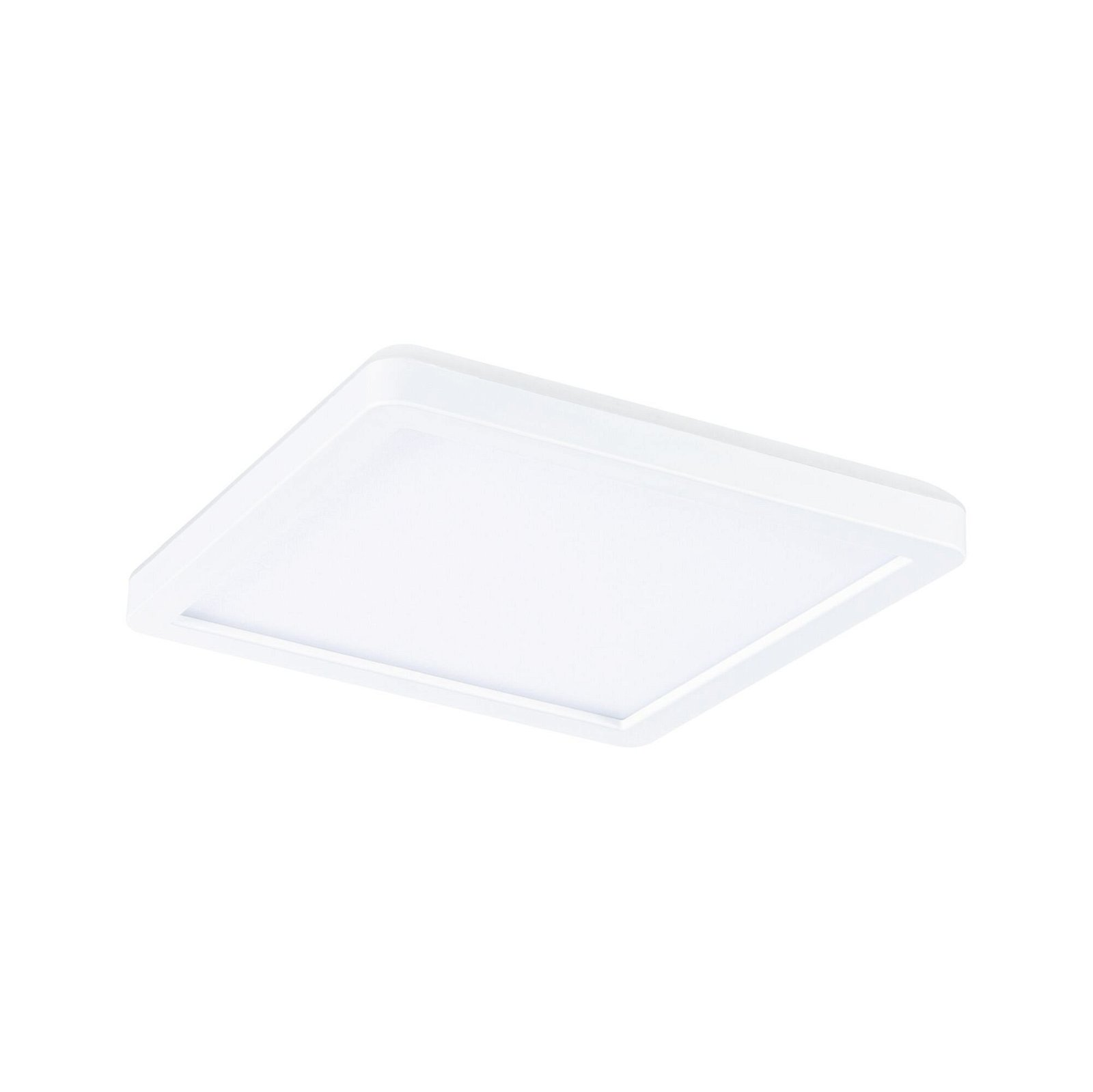 Kwadratowa biała lampa panelowa LED, montowana wpuszczana na białym tle.
