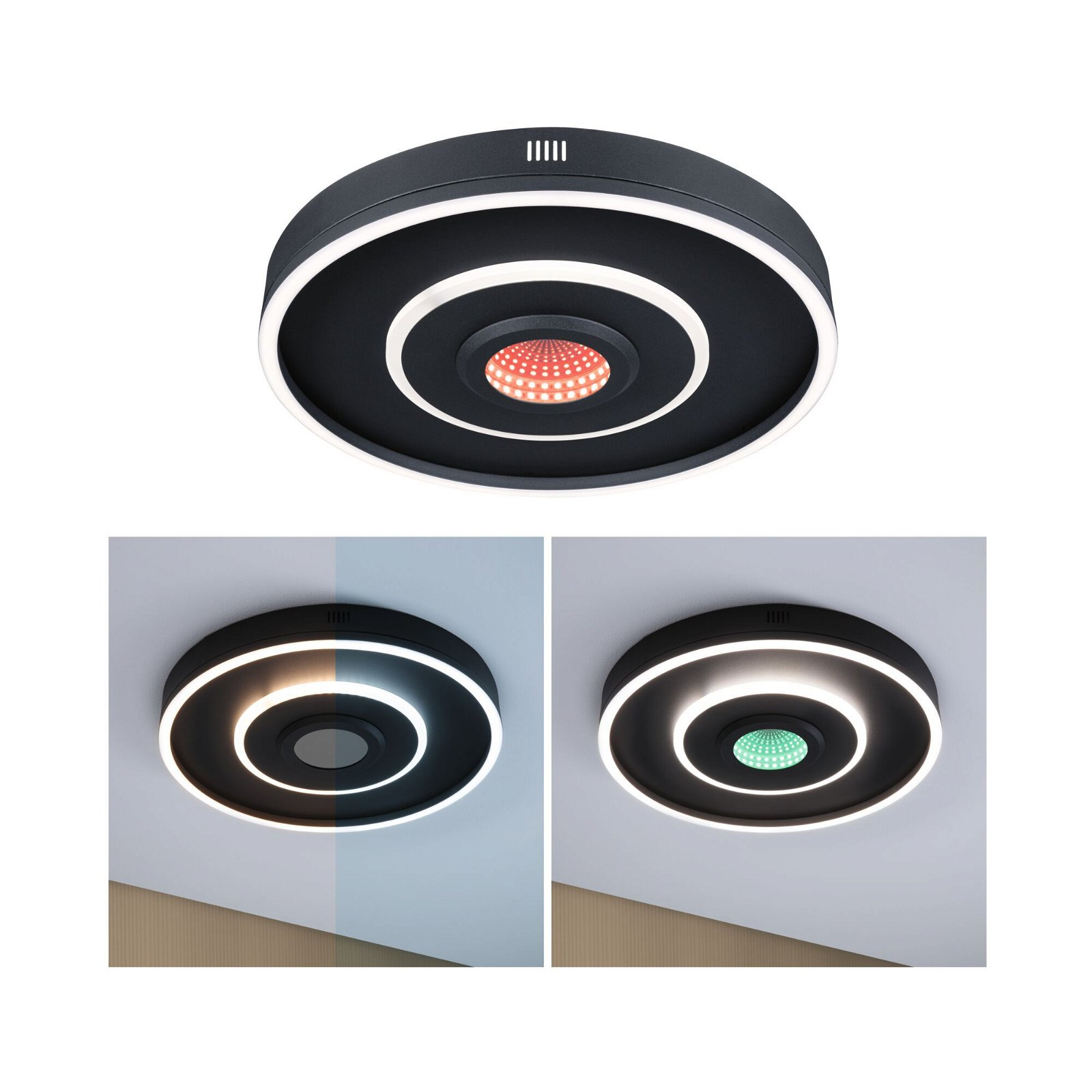 Lampa sufitowa o okrągłym kształcie. Trzy obrazy pokazują kombinacje kolorów: czerwony, biały, zielony.