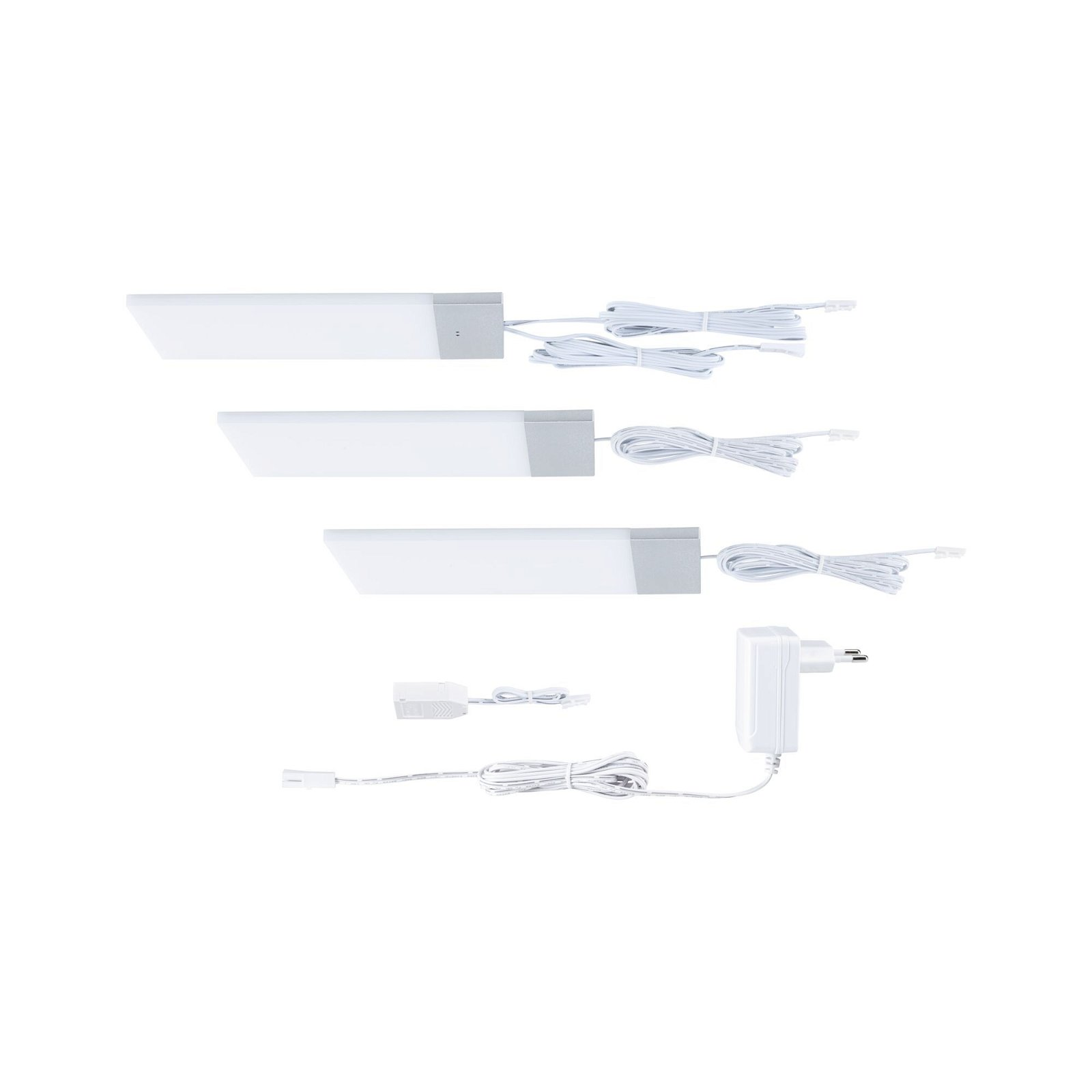 Trzy białe prostokątne lampy z przewodami i zasilaczem, na białym tle.