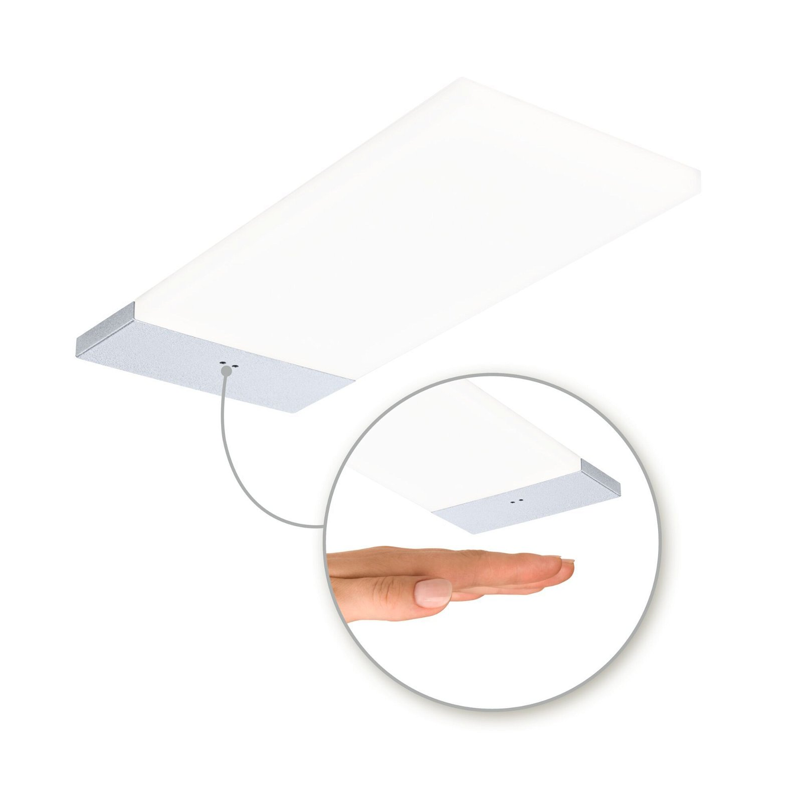 Biała lampa sufitowa LED o prostokątnym kształcie. Ręka wskazująca światło.