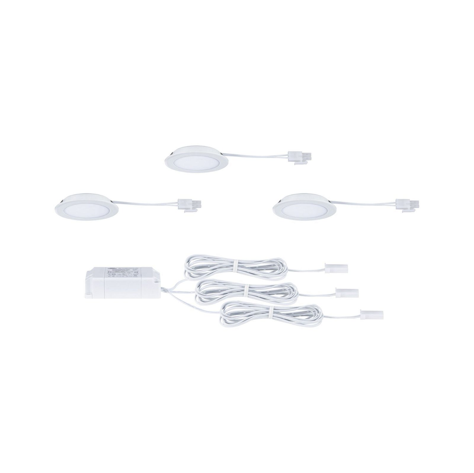 Trzy białe światła LED i zasilacz z kablami, wszystko na białym tle. Wyglądają na nowe.