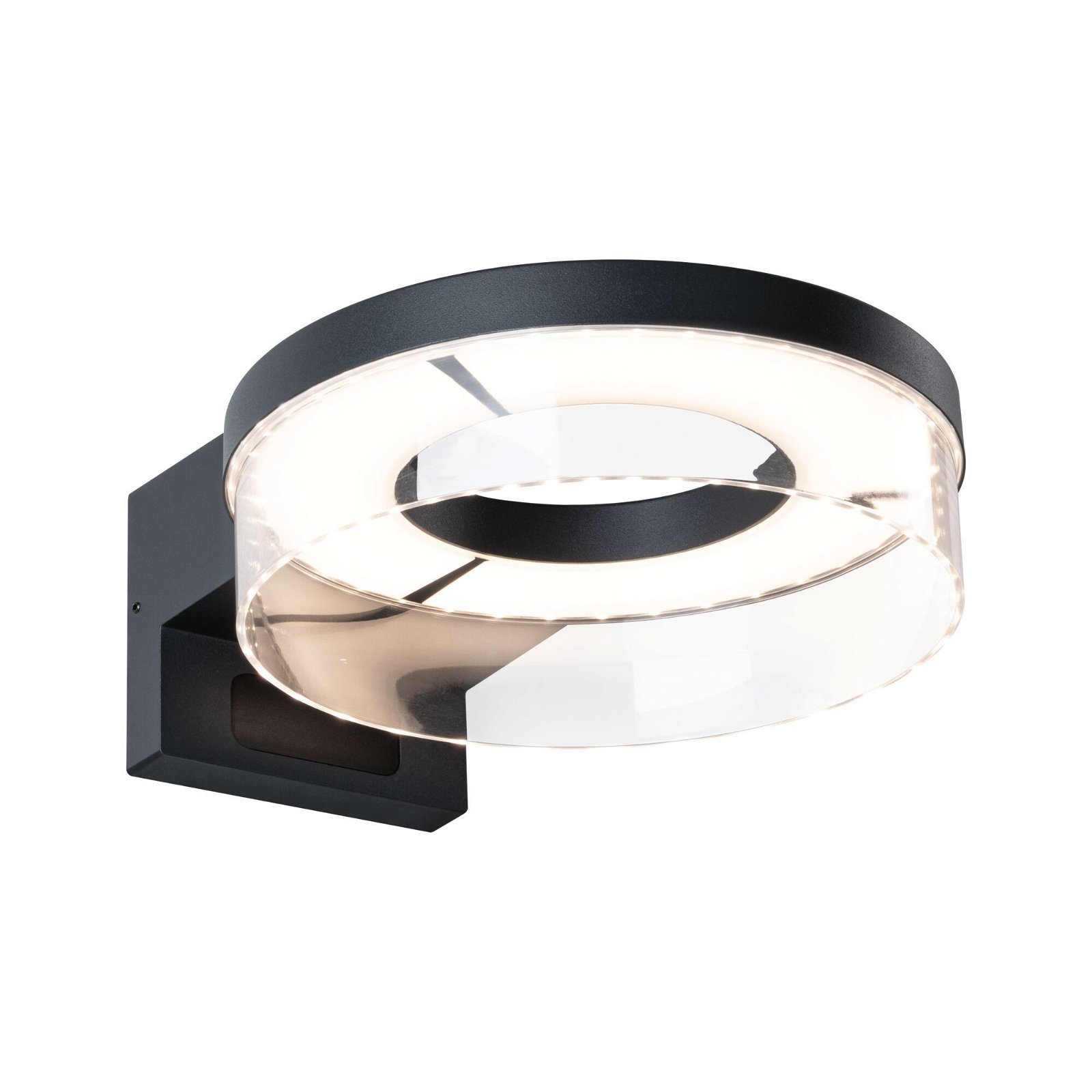 Czarna zewnętrzna lampa ścienna. Okrągły design z pierścieniem światła, przezroczysta osłona. Zamontowana na ścianie.