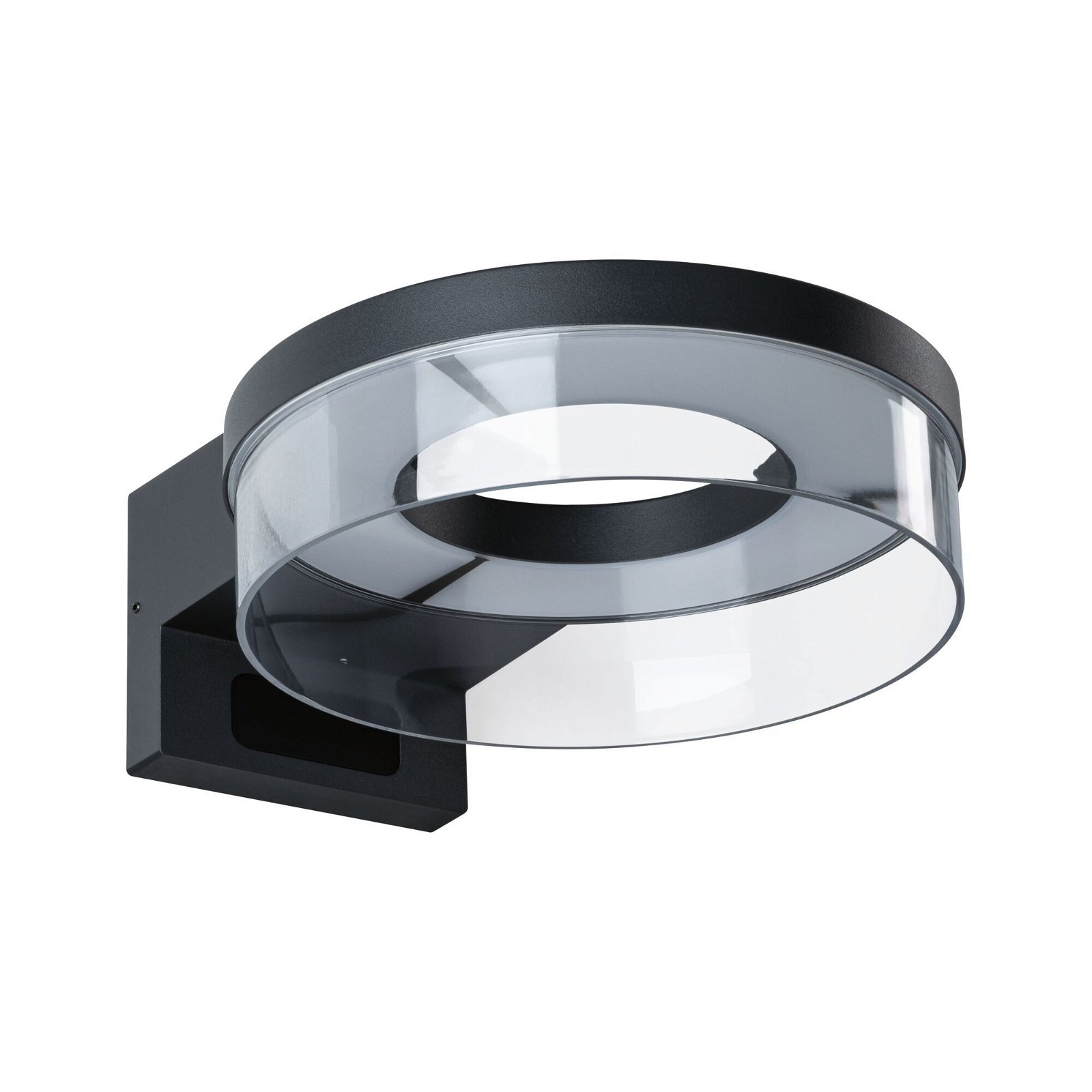 Czarna lampa ścienna z okrągłym, przezroczystym kloszem. Tło jest białe.