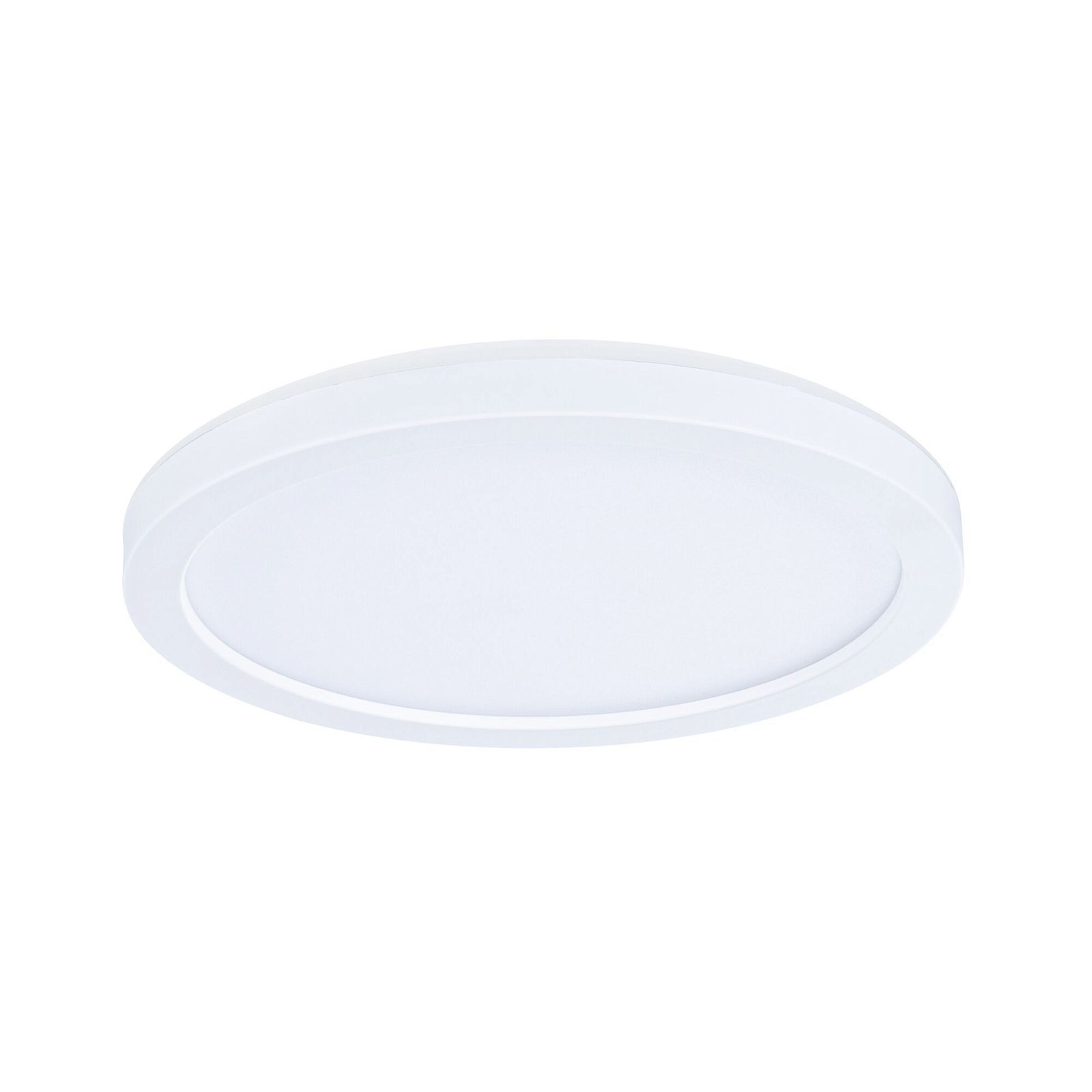 Biała, okrągła oprawa oświetleniowa sufitowa na białym tle.