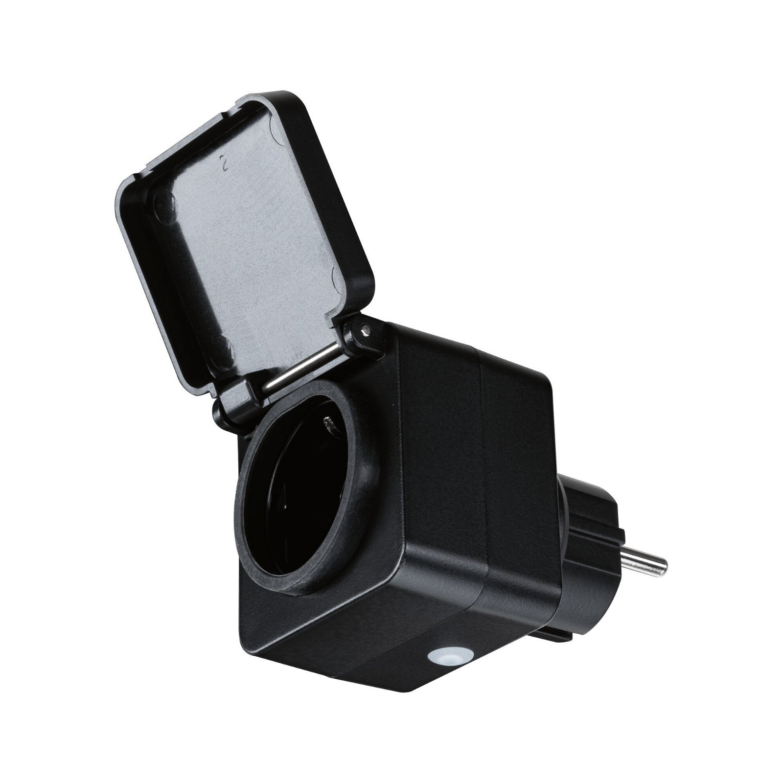 Czarne zewnętrzne gniazdo z otwartą pokrywą. Gniazdo znajduje się na białym tle.